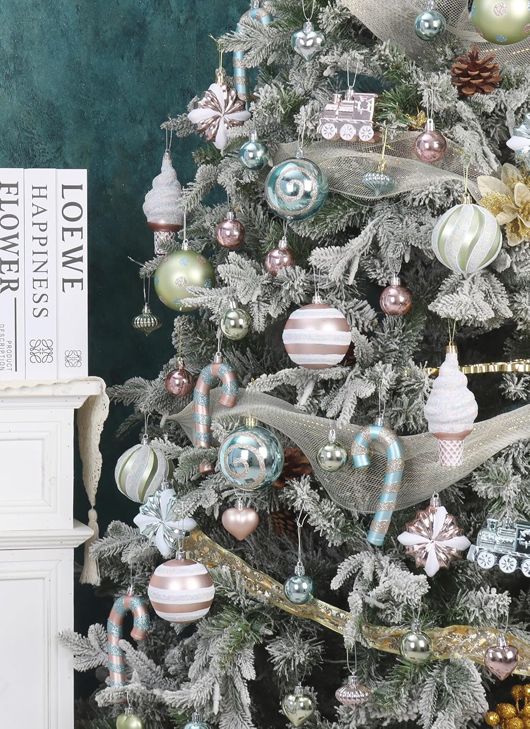 Pink Green and Blue Candy Christmas Ornaments, 47Pcs Shatterproof Pastel Candyland Christmas Tree Decorations Macaron Assorted Ice Cream Train Candy Cane Baubles Ball Ornaments (Pastel)