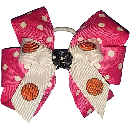 Basketball Polka Dot Hair Bow with six loops, white pony band, Made in the USA (Hot Pink), many colors