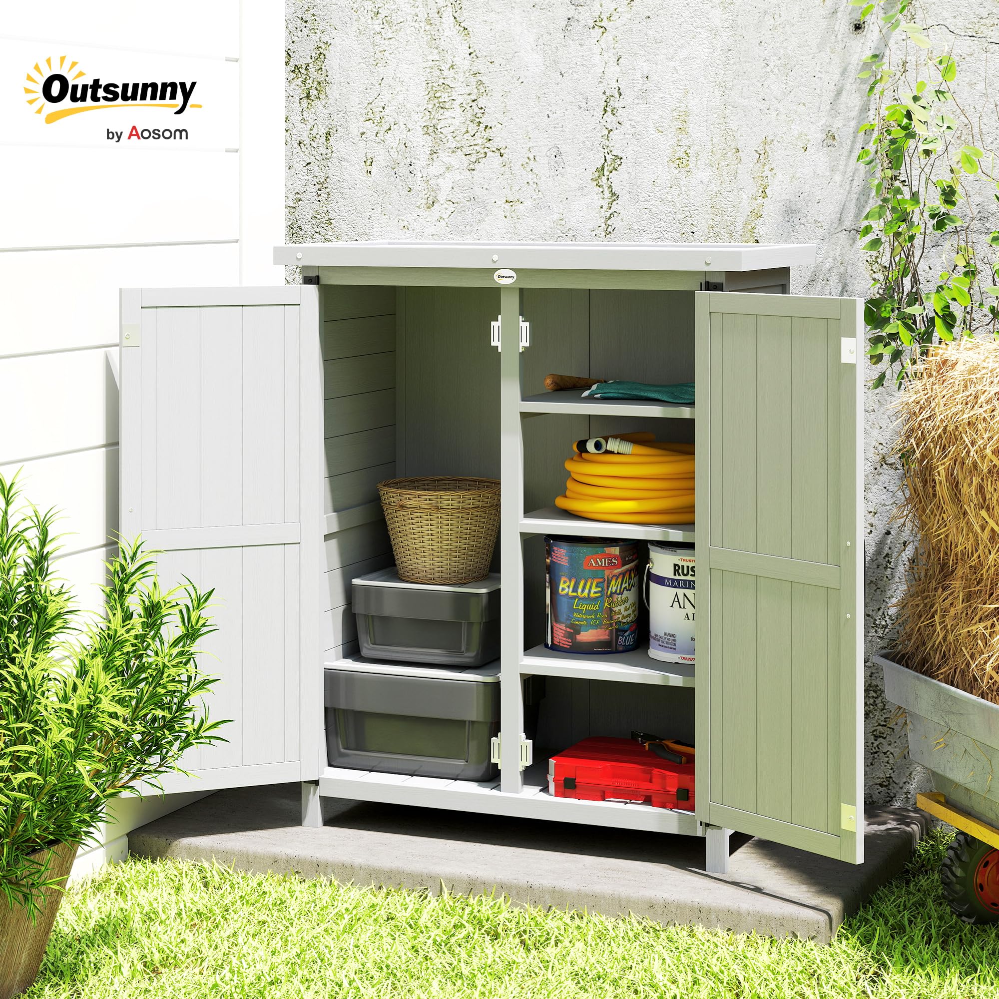 Outsunny Caseta de Jardín de Madera, 75x40x90 cm, Cobertizo Jardín Exterior, Armario para Almacenaje de Herramientas, con 4 Estantes, 2 Puertas y Techo de Acero Galvanizado, Gris