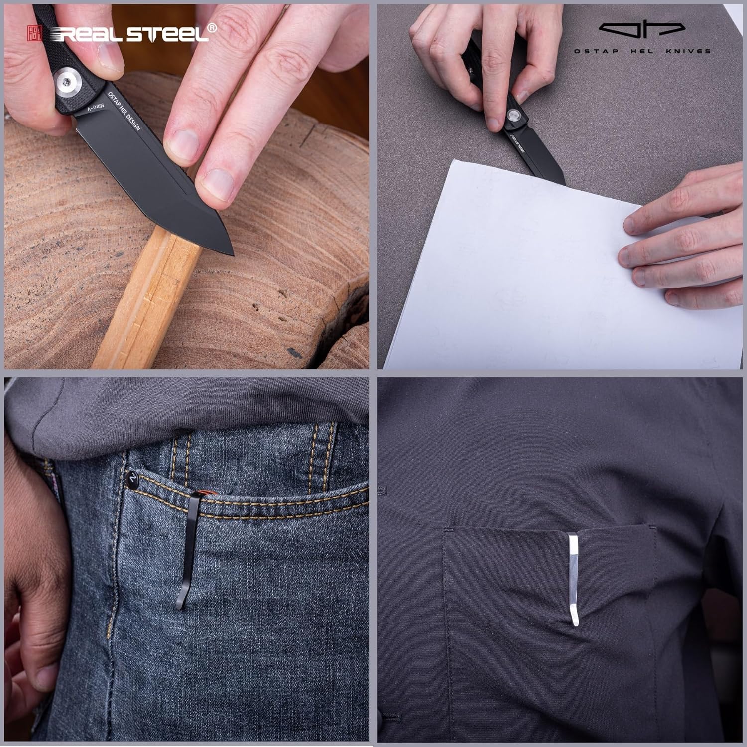 REALSTEEL G-Tanto Pocket Knife,Folding Knives,2.6" Nitro-V Blade,Double Detent Ball Slipjoint EDC,G10 Handle,2.2oz,Clip,Gift for Men Women Outdoor Indoor Daily Use Camping Hiking(Full Black)