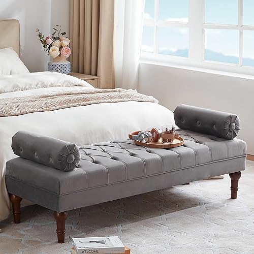 Miniatura 10 de Batohom Banco de 60.2 pulgadas, banco de terciopelo de tamaño grande para dormitorio, banco de ventana tapizado con botones, banco de entrada, banco