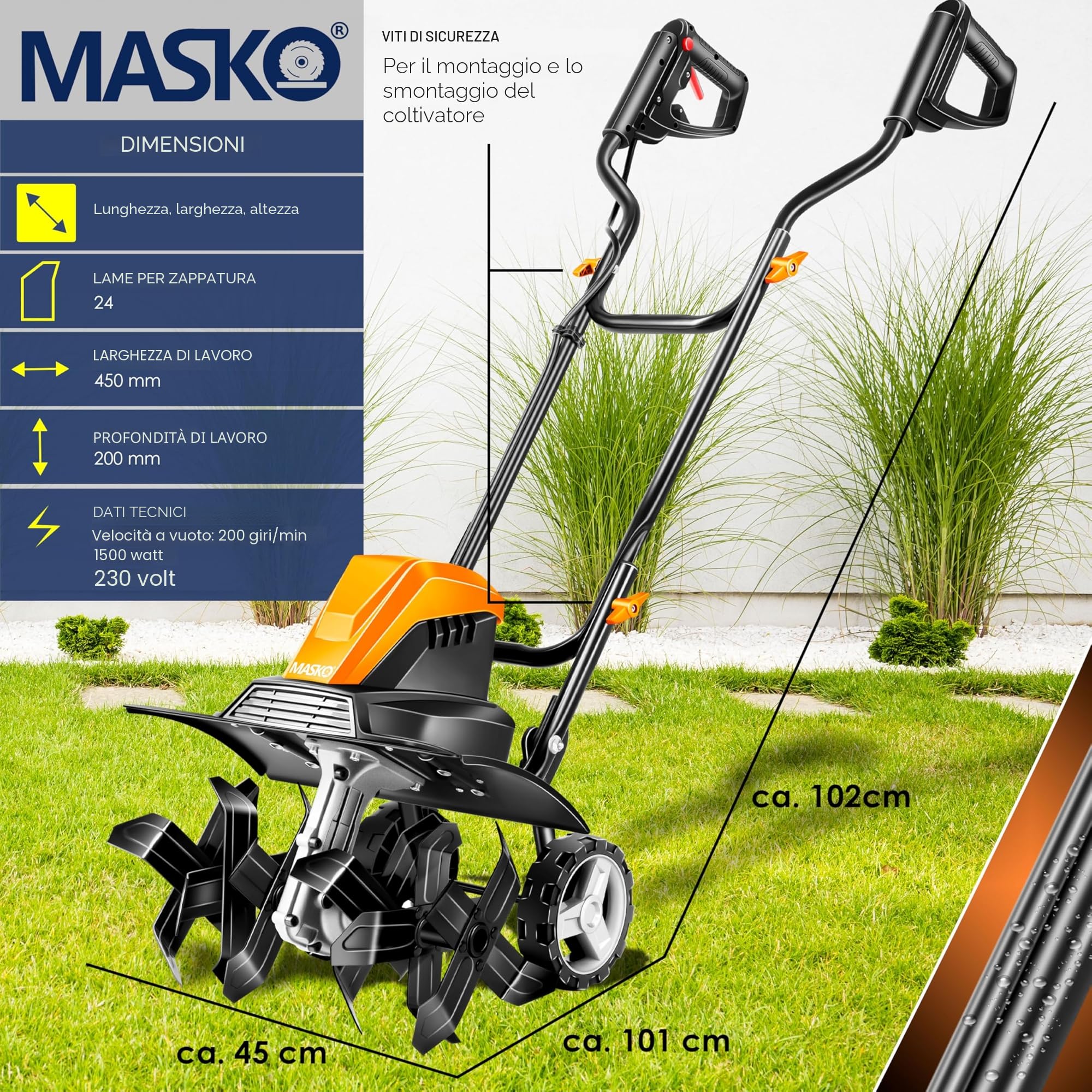 MASKO® Motozappa elettrica 1500W | larghezza di lavoro 45 cm - profondità di lavoro 20 cm | zappatrice per terreno | fresatrice agricola - coltivatore - fresa da giardino | zappatrice elettrica