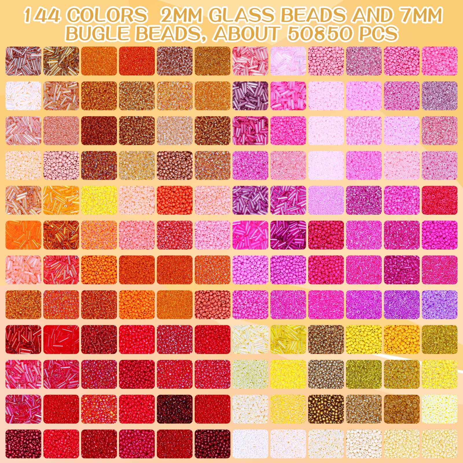 52000+pcs 2mm Rocalle Beads para Pulseras 144 Colores Pequeñas Perlas Set | Mini perlas de cristal con tubos de 7 mm, cuentas de letras, cuentas numéricas y accesorios para joyas, collar y pendientes
