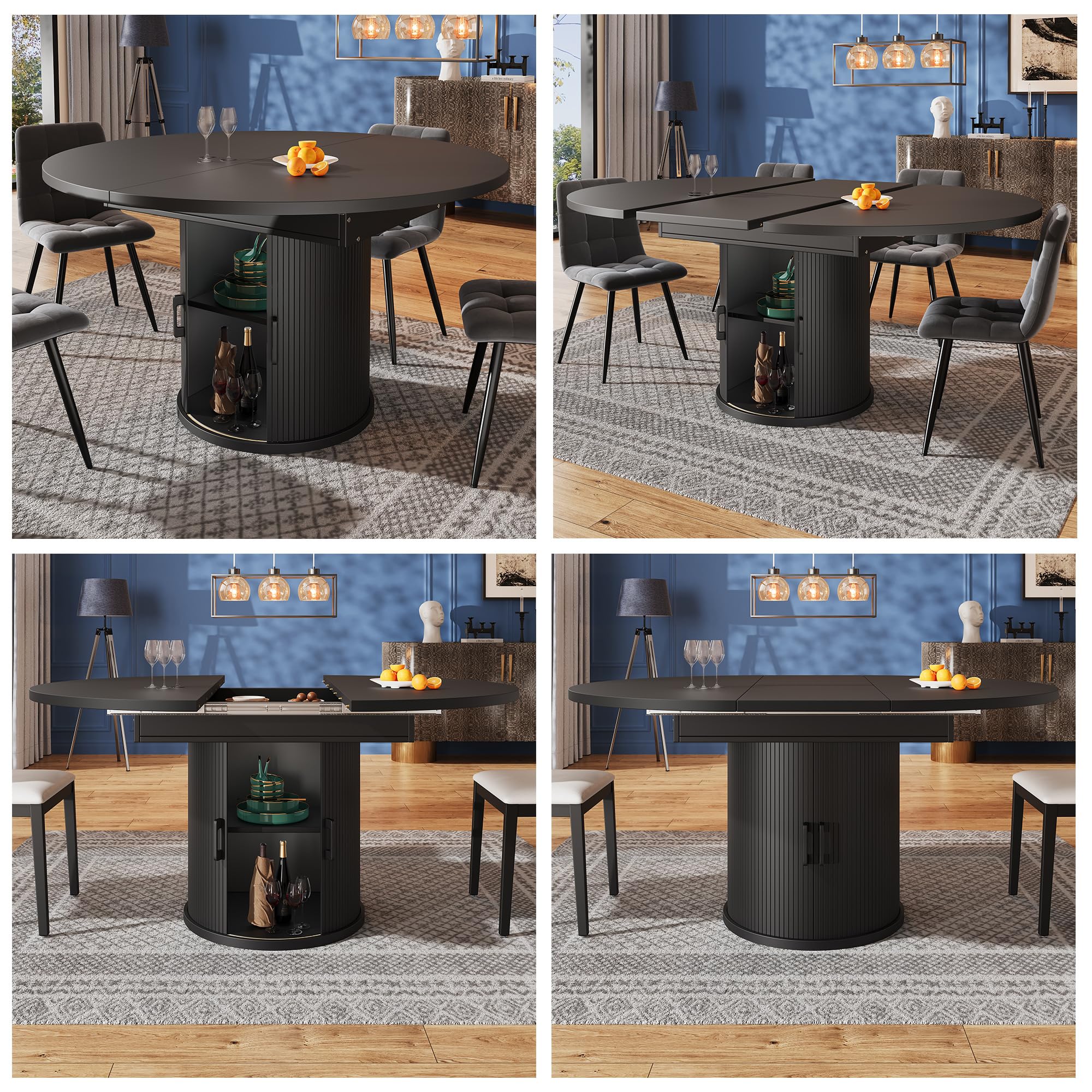 Esstisch ausziehbar, Esszimmertisch, Küchentisch, balkontisch, ausziehbare Tischplatte Runder Esstisch, ausziehbar zu oval, Platz für bis zu 6 Personen (Schwarz, 158 * 118 * 76.8cm)