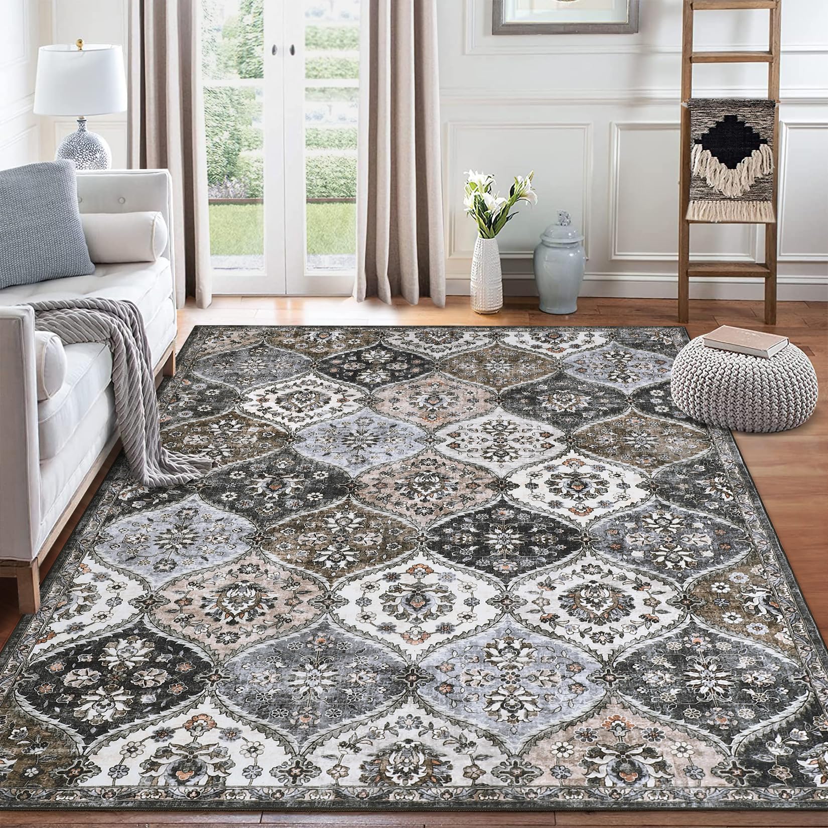 ROYHOME 8x10 Area Rug Moroccan Trellis Machine Washable Rug Vintage Medallion Distressed Indoor Accent Rug Stain Resistant Non-Slip Floor Cover Carpet