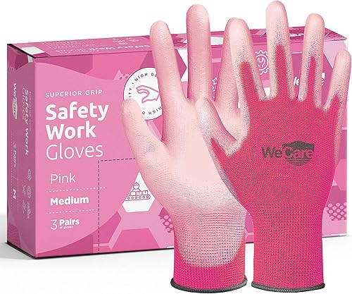 Guantes de trabajo rosados con revestimiento de poliuretano, 3 pares de guantes de trabajo de seguridad, para construcción, almacén, carpintero,