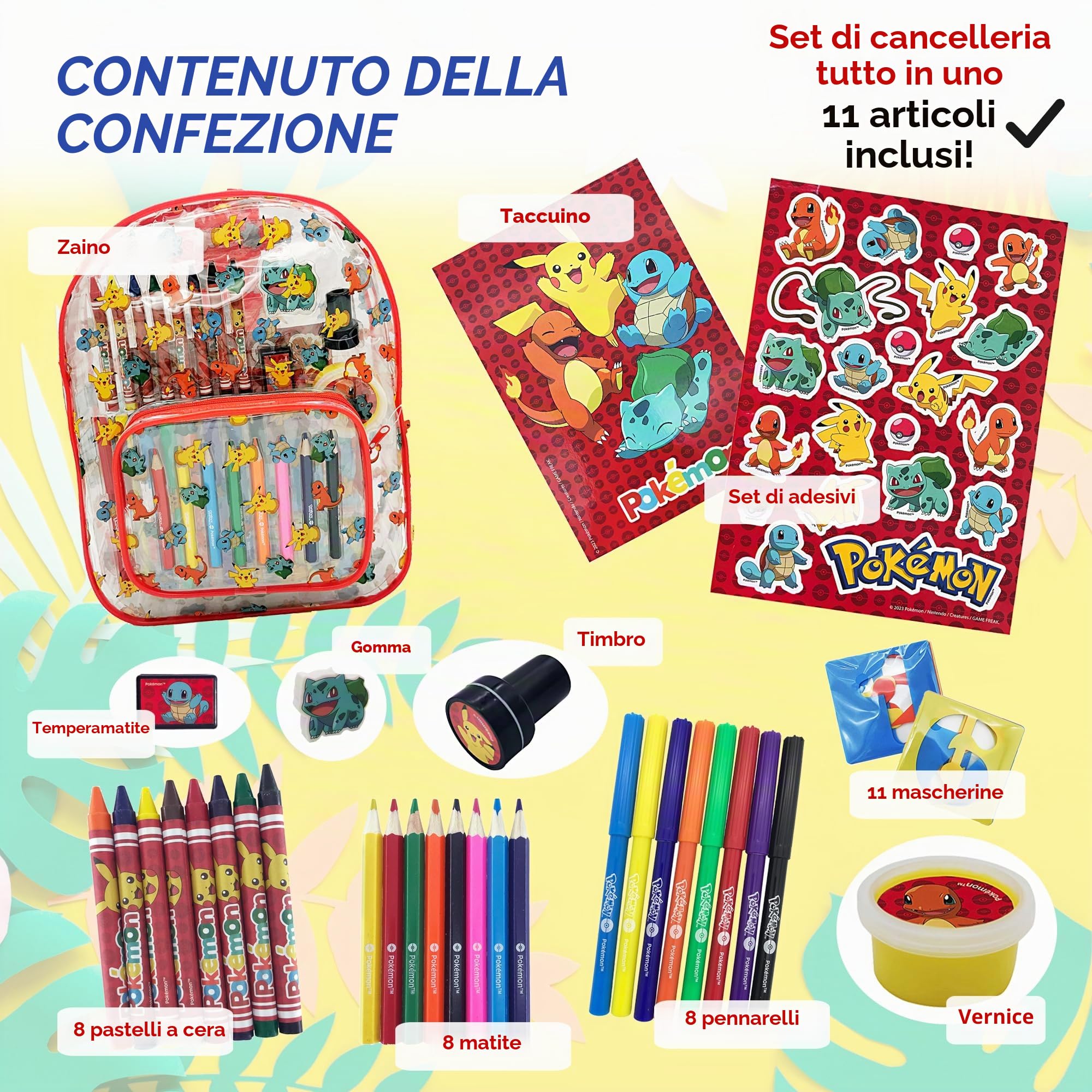 Pokémon - giochi - Zaino - Kit da colorare - Valigetta Colori - Feltri - Matite Matita colorata - Adesivi - astuccio Cancelleria - Idee Regalo Compleanno Gadget per Bambini - Gioco