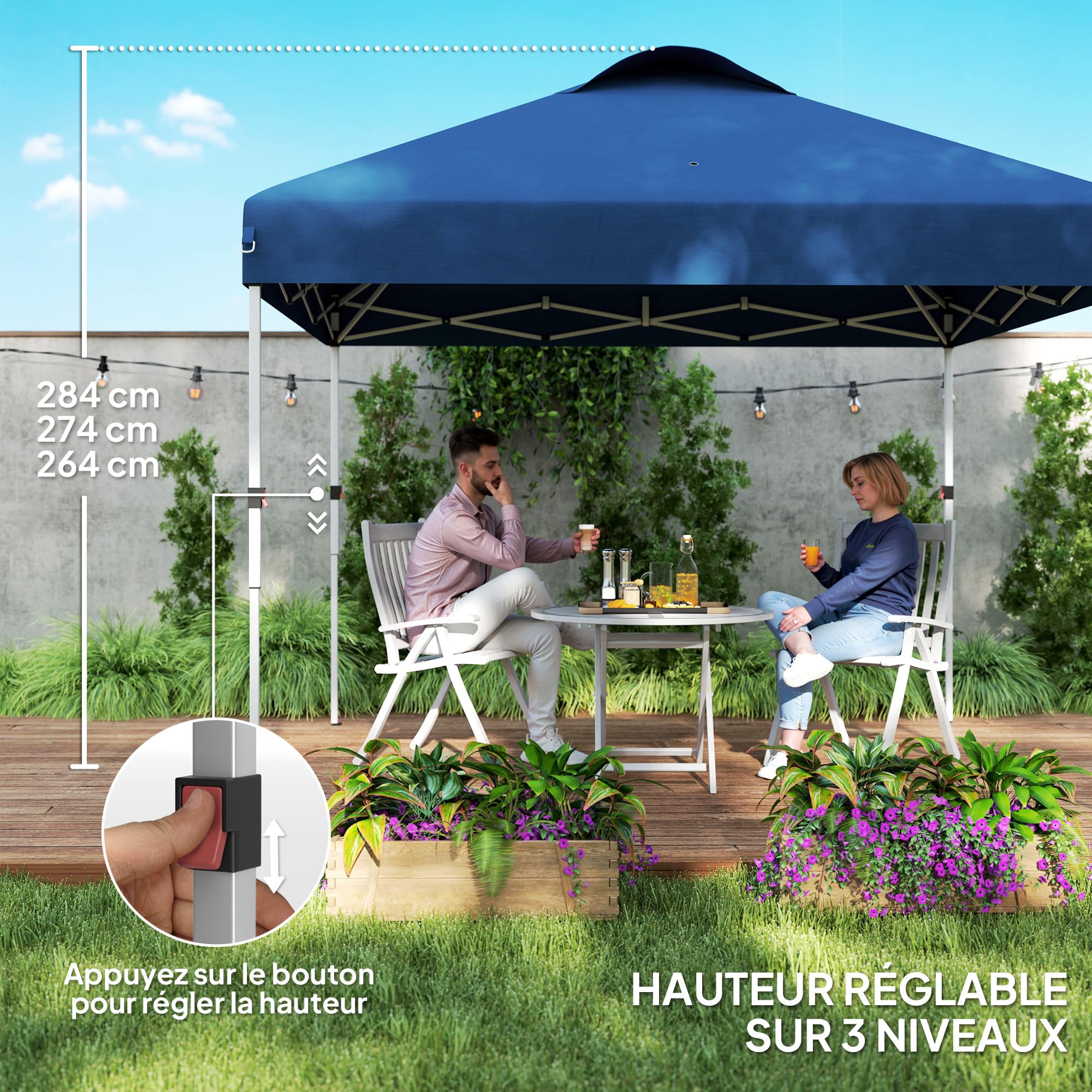 Outsunny Tonnelle de Jardin Pliante 3 x 3m Hauteur Réglable Bleu Foncé | Tente de Réception Pop-up, Parois Latérales, Aérations, Fenêtres, Sac de Transport à Roulettes, Tissu Oxford