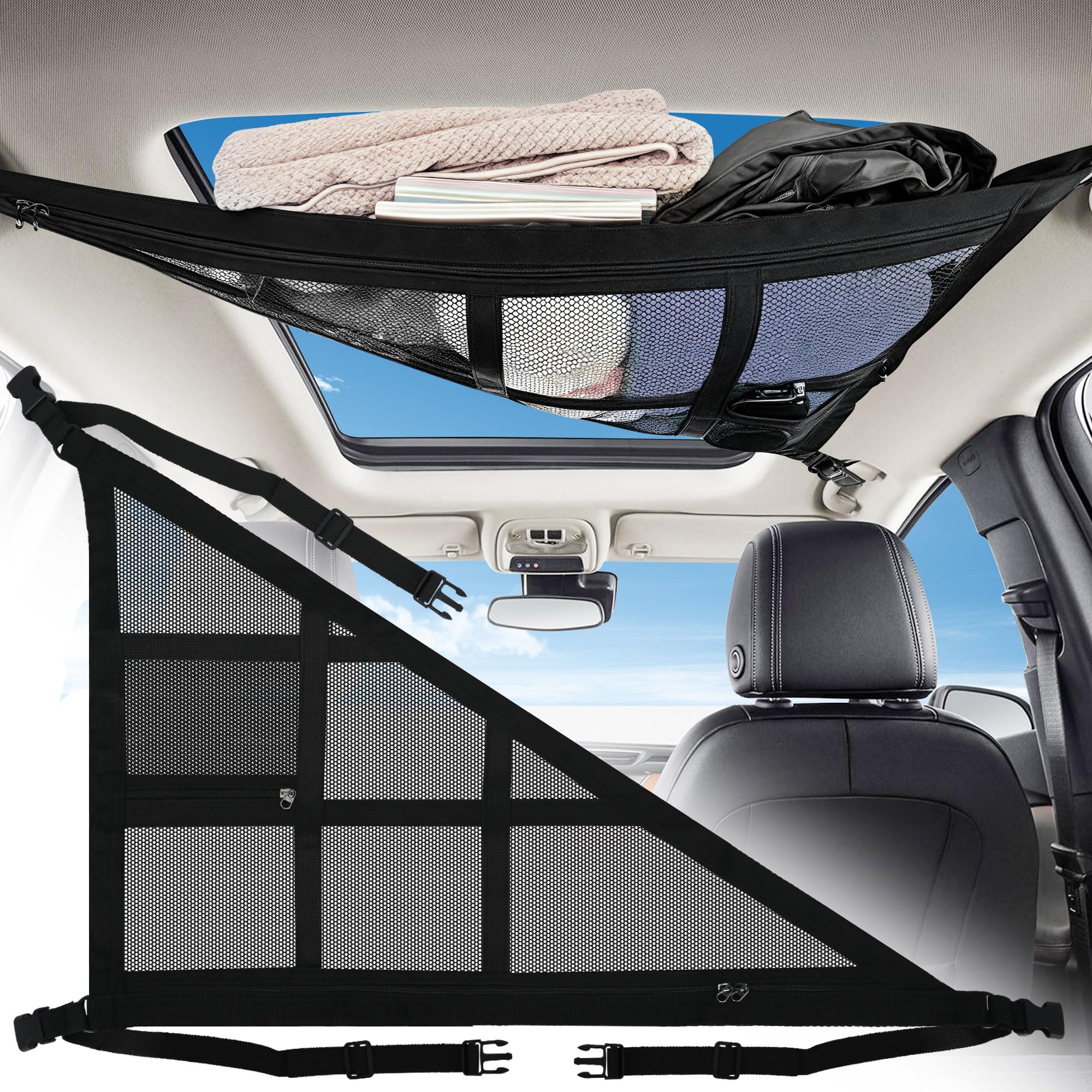 rloao 車内天井収納 ネット 三角形 2層タイプ ルーフネット カーゴ ファスナー付き 80*53cm 窓開けに影響しない | 荷物 落下防止 垂れにくい ルーフ 3点 クロスバンド ハンモック 車 天井 収納倍増 バックル固定 調整可能 ブラック