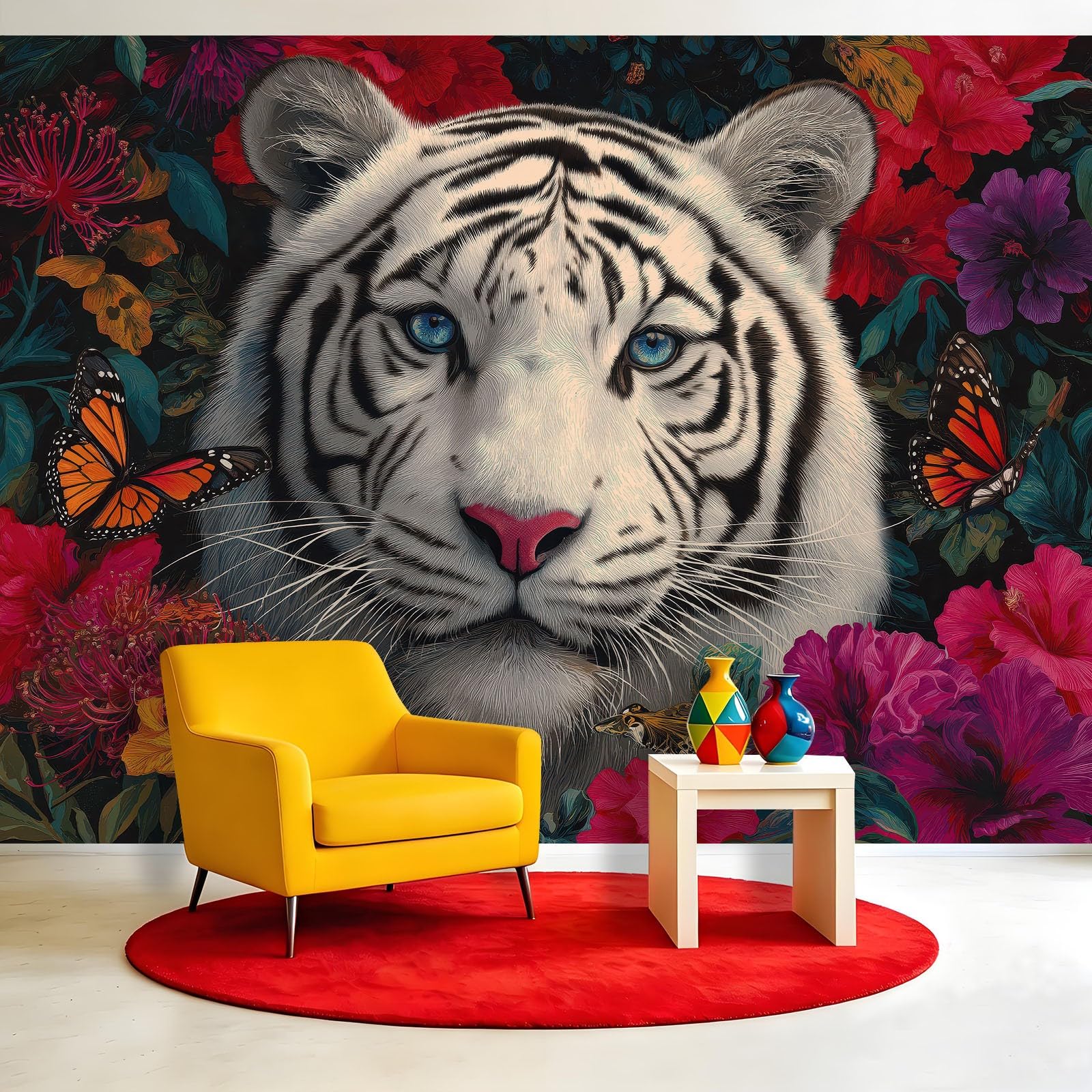 Générique Tapeta z włókniny tropikalnej dżungli, 200 x 140 cm, tygrys kwiaty zwierzę panoramiczne zdjęcie, łatwa do zainstalowania dekoracja ścienna do salonu, sypialni, kuchni