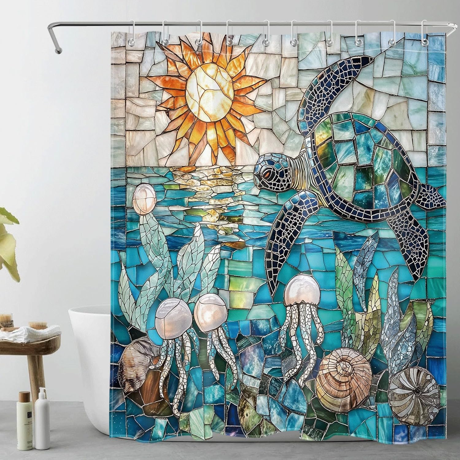 EOBTAIN Blue Nautical Shower Curtain Set Cute Gnome and Jellyfish Seashell Coral Underwater Bathroom Curtains Shower Set Ocean Theme 72x72 Washable Fabric Bath Curtain with 24x16 Bathroom Rugs Decor