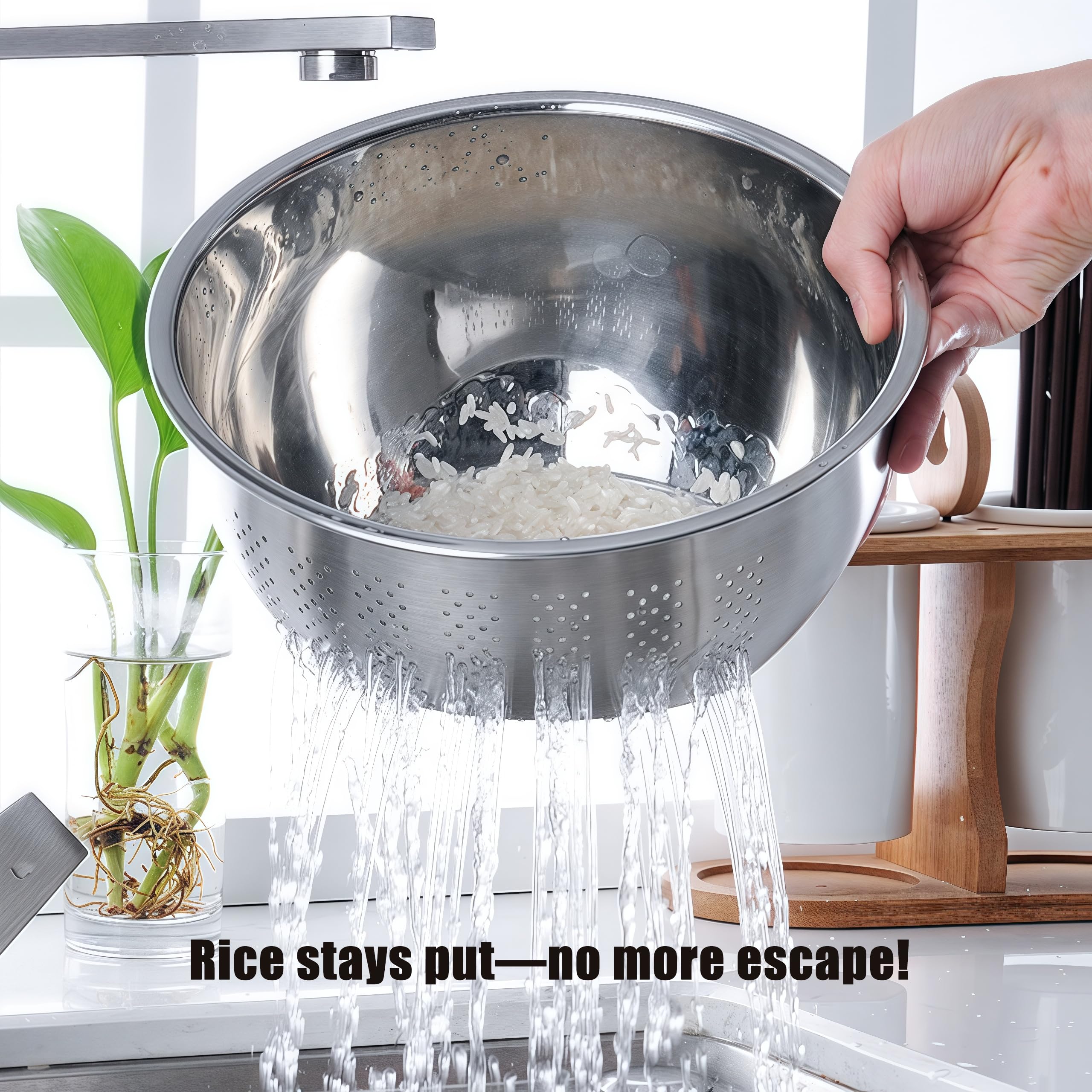 Bol Lave-Riz Inoxydable Avec Passoire Intégrée – Égouttoir Latéral Anti-Perte, Parfait Pour Riz, Légumes Et Fruits – Acier 304 Robuste Et Durable