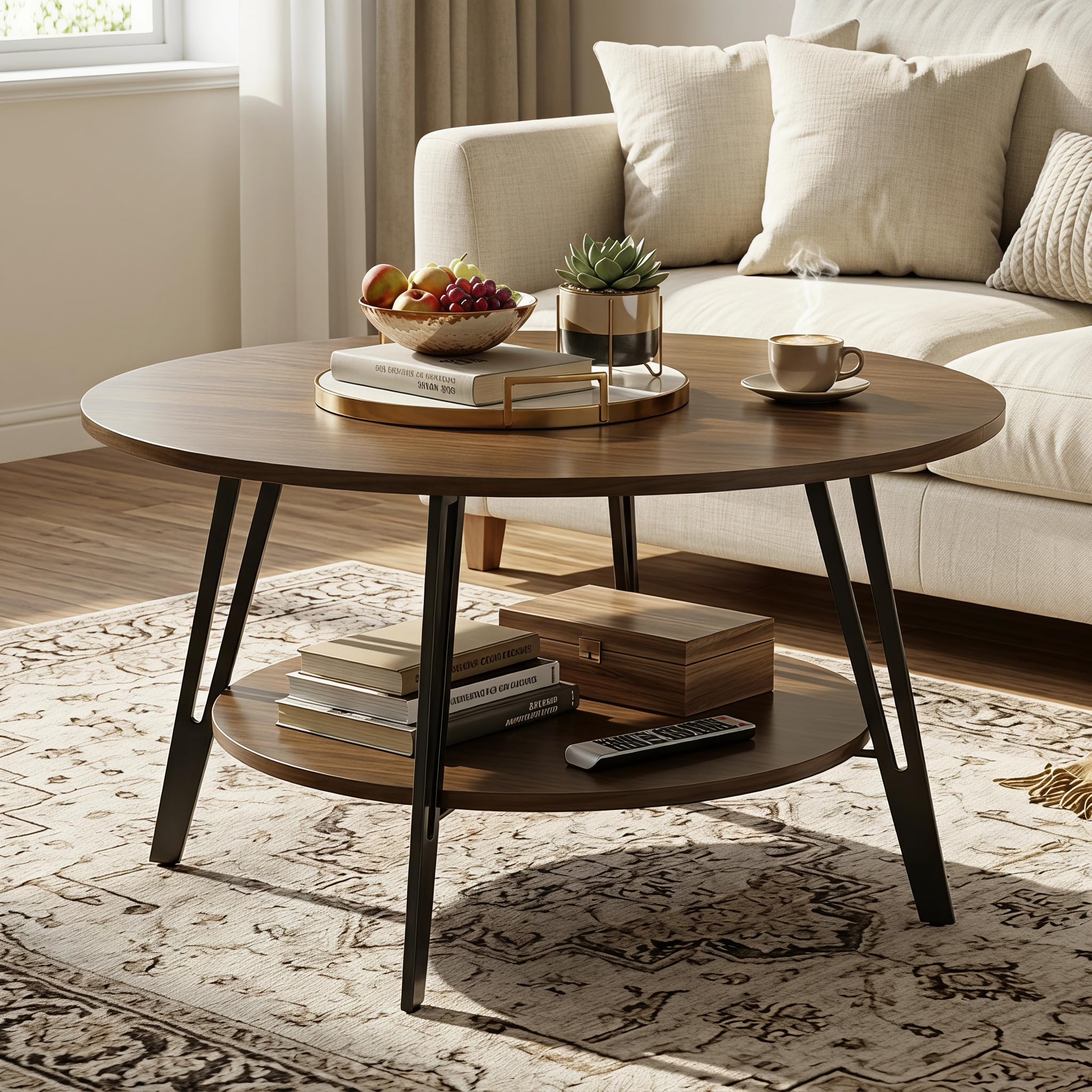 Manora Round Coffee Table Walnut with Storage,2 Tier Dark Wood Sofa Table with 8mm Solid Metal Feet,Rustic Coffee Table for Living Room(Brown)
