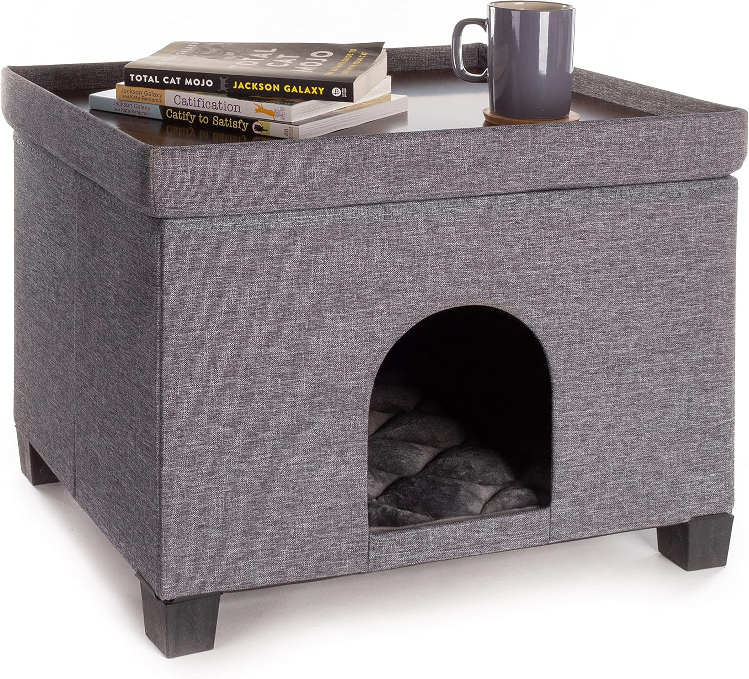 Pawristocrat Cat Bed - Unique Pet House Ottoman with Tray Table - Folding Footrest Seat - Large Cat Cube Condo - Pet beds for Cats and Small Dogs with Fully Washable Mat - Charcoal Bench 24 x 18 : Pet Supplies