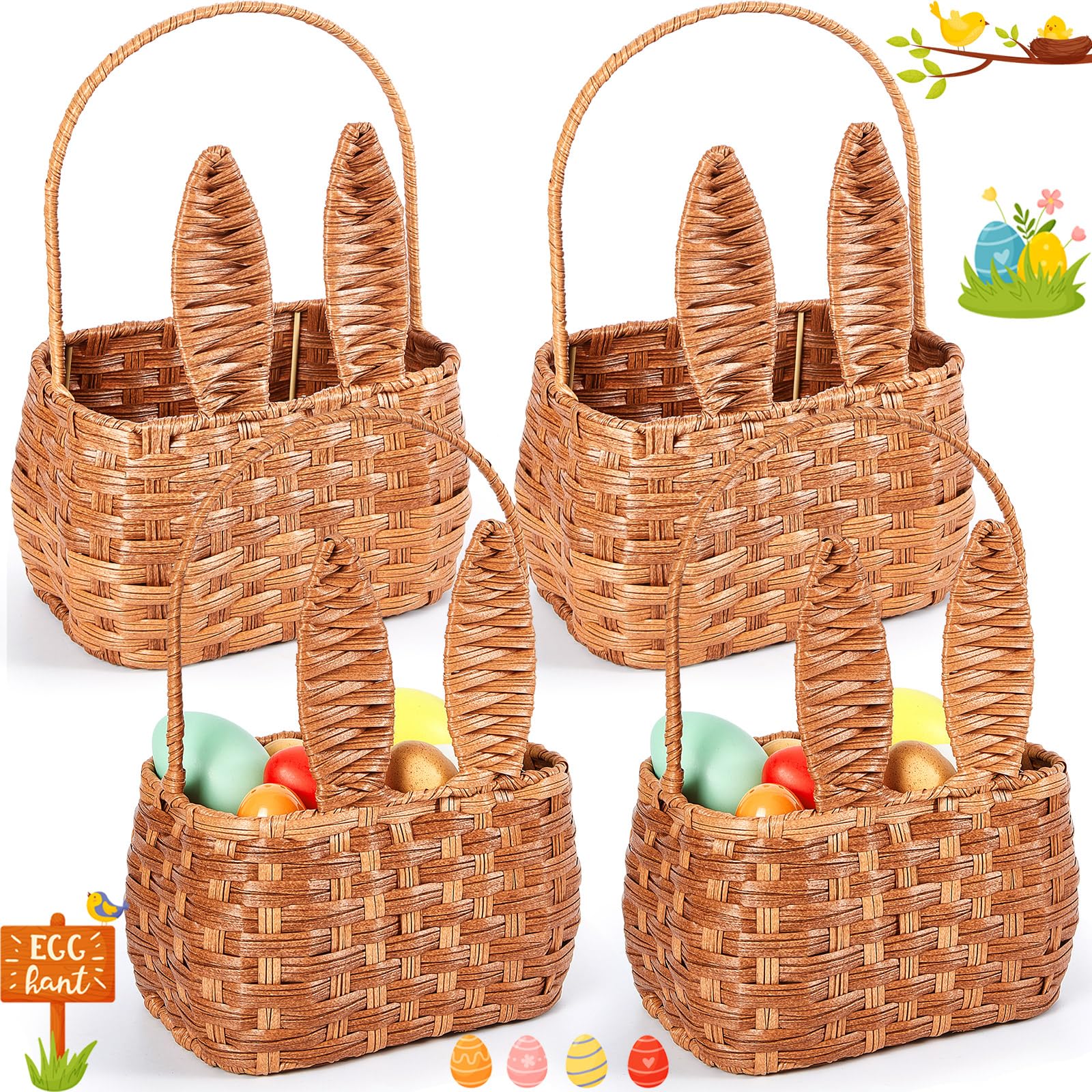 Gerrii 4 Pcs Easter Basket with Handle Bunny Easter Woven Basket Picnic Basket for Kids with Cute Rabbit Ears Rattan Gift Wicker Wine Woven Basket Empty for Candy Storage Toy Girl Party Supplies