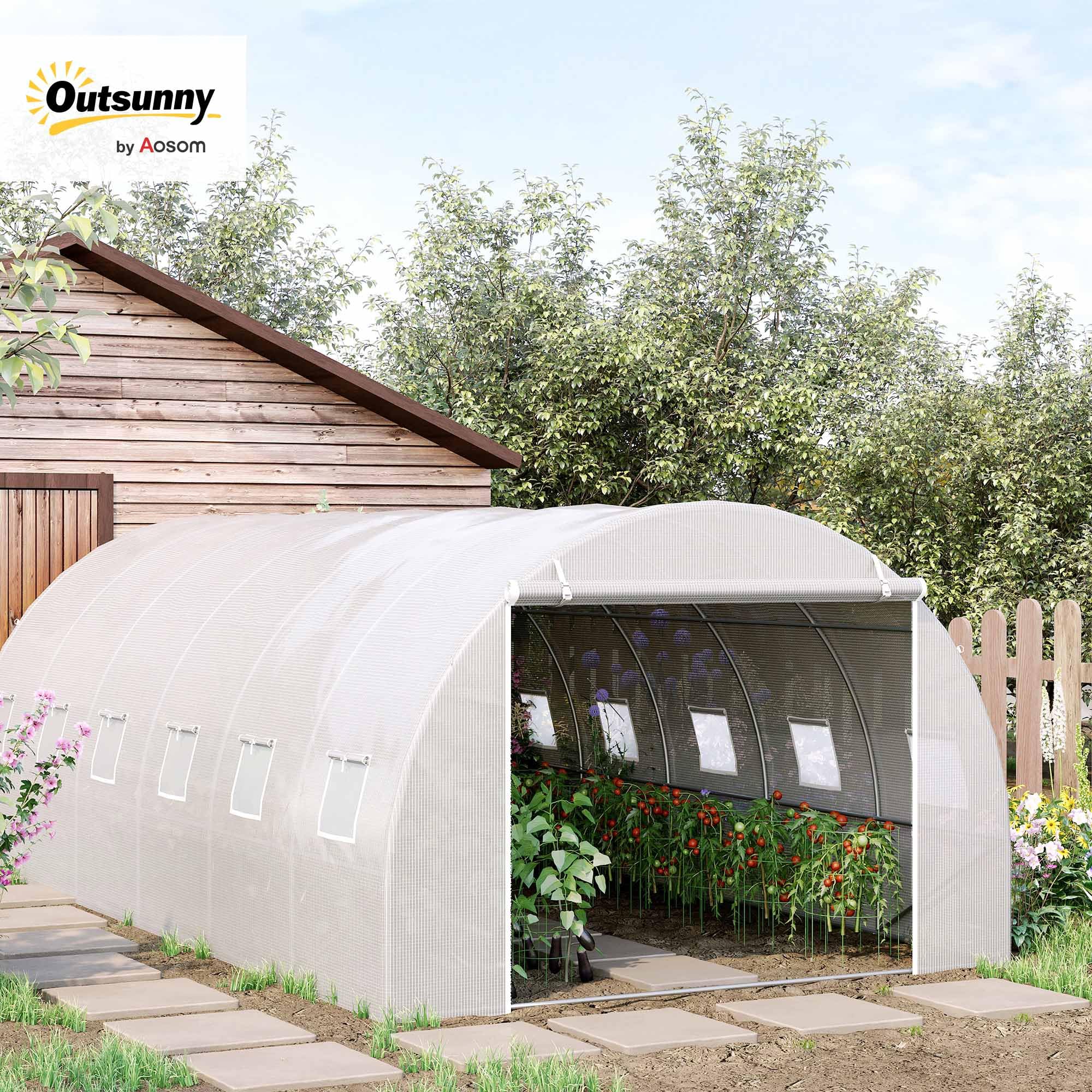 Outsunny Serra tunnel con porta arrotolabile 6x3x2 m Bianca | Con porta arrotolabile, 12 finestre, copertura PE 140 g/m², metallo zincato, per colture, piante, verdure
