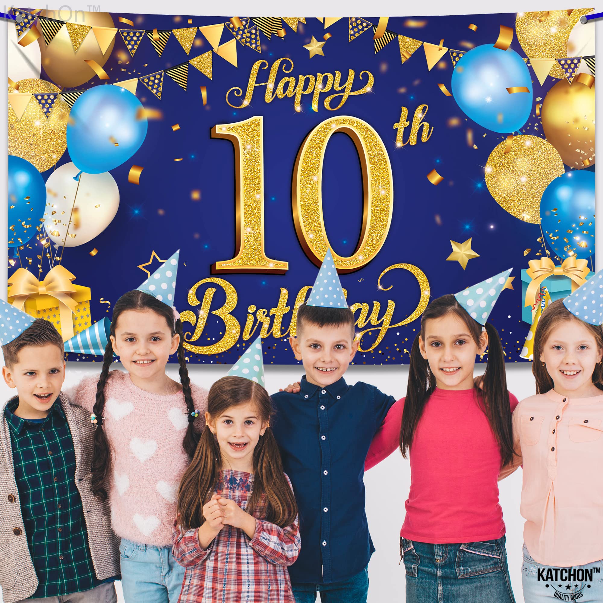 Amazon.com: KatchOn Blue and Gold Happy 10th Birthday Banner 72x44