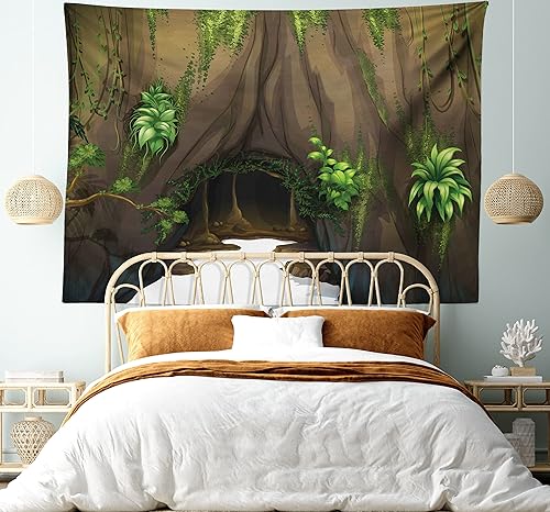 Miniatura 5 de Ambesonne Tapiz de naturaleza, cueva de árbol rodeada de musgo, bosque, verde fantasía, dibujos animados del mundo secreto, para colgar en la pared