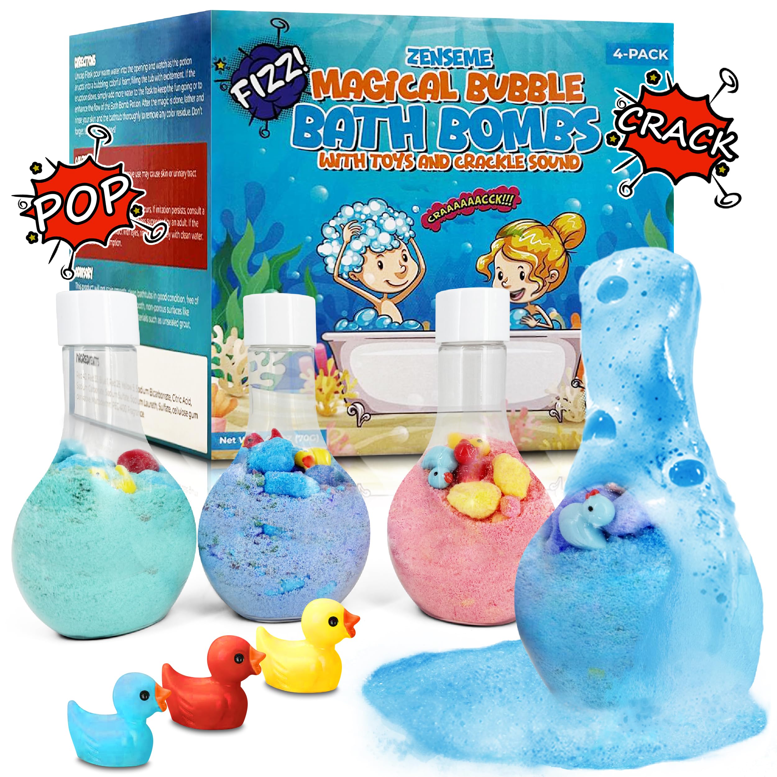 Kids Bath Bombs Powder with 12 Mini Toy Ducks Inside – Bubble Potions for Kids with Natural Essential Oils – Bubble Bath Magic Science Kit Mix - Blast of Fizzy Foamy & Eruption Colors – Gift Set of 4