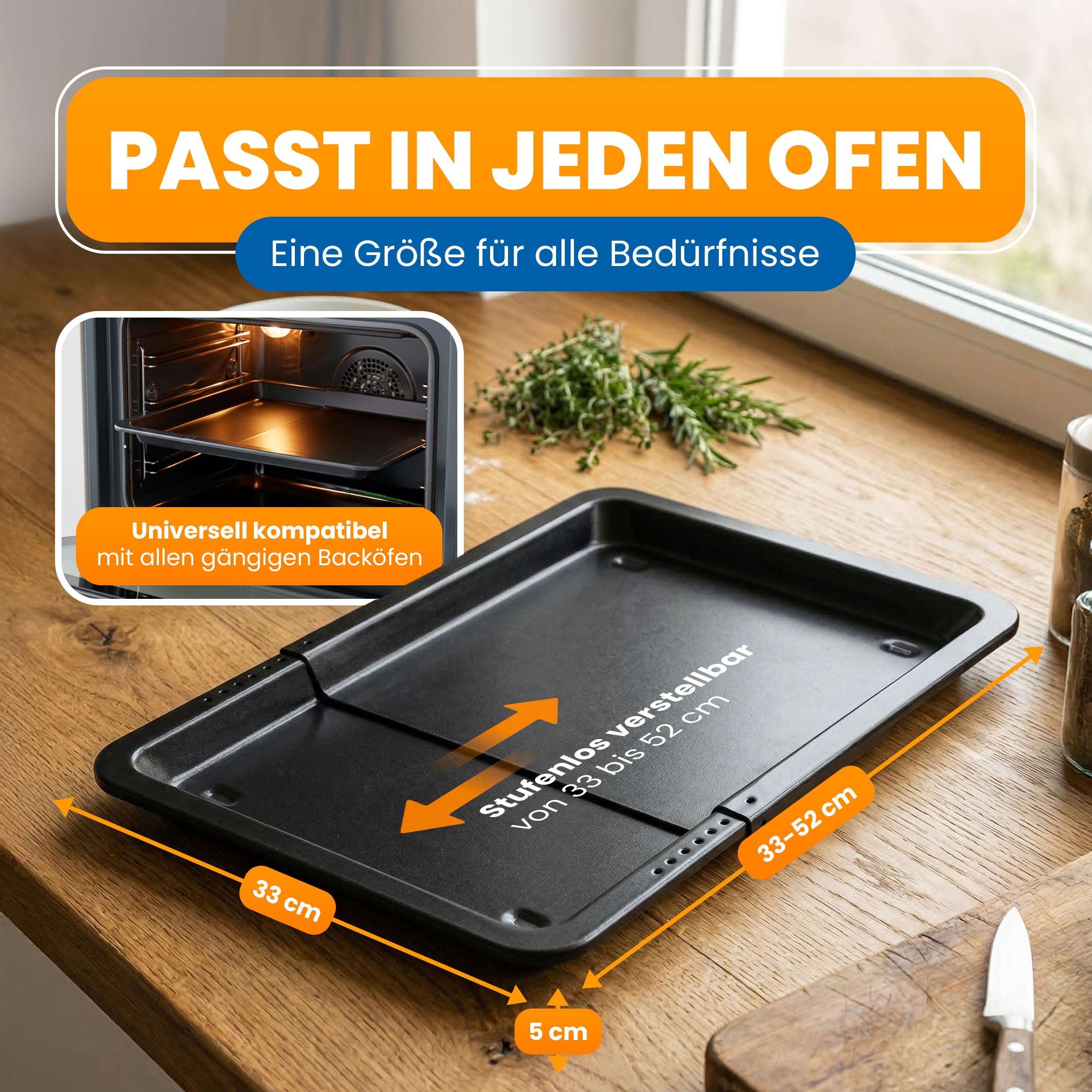 EUROHOME Backblech ausziehbar mit Auskühlnoppen - Ausziehbares Blech von 33 bis 52 cm - Tiefe 33 cm - Ofenblech aus Schwarzblech - Backblech antihaft für müheloses Backen und einfache Reinigung