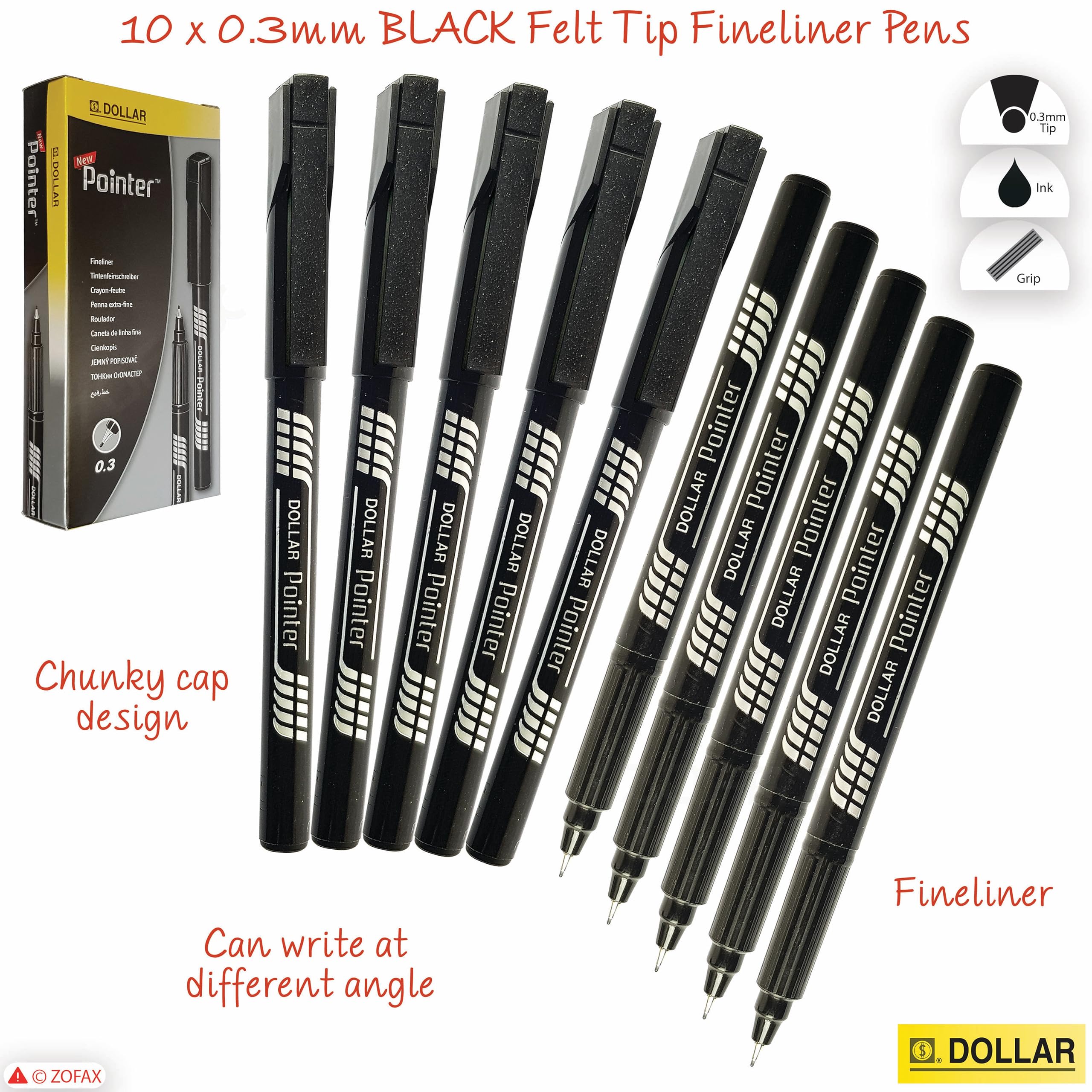 Z3FT Fineliner Pens, BLACK, Fine Tip (0.3mm), Pack of 10, Write Draw Sketch Colour Pens, Artists Calligraphy Illustrations - Image 2