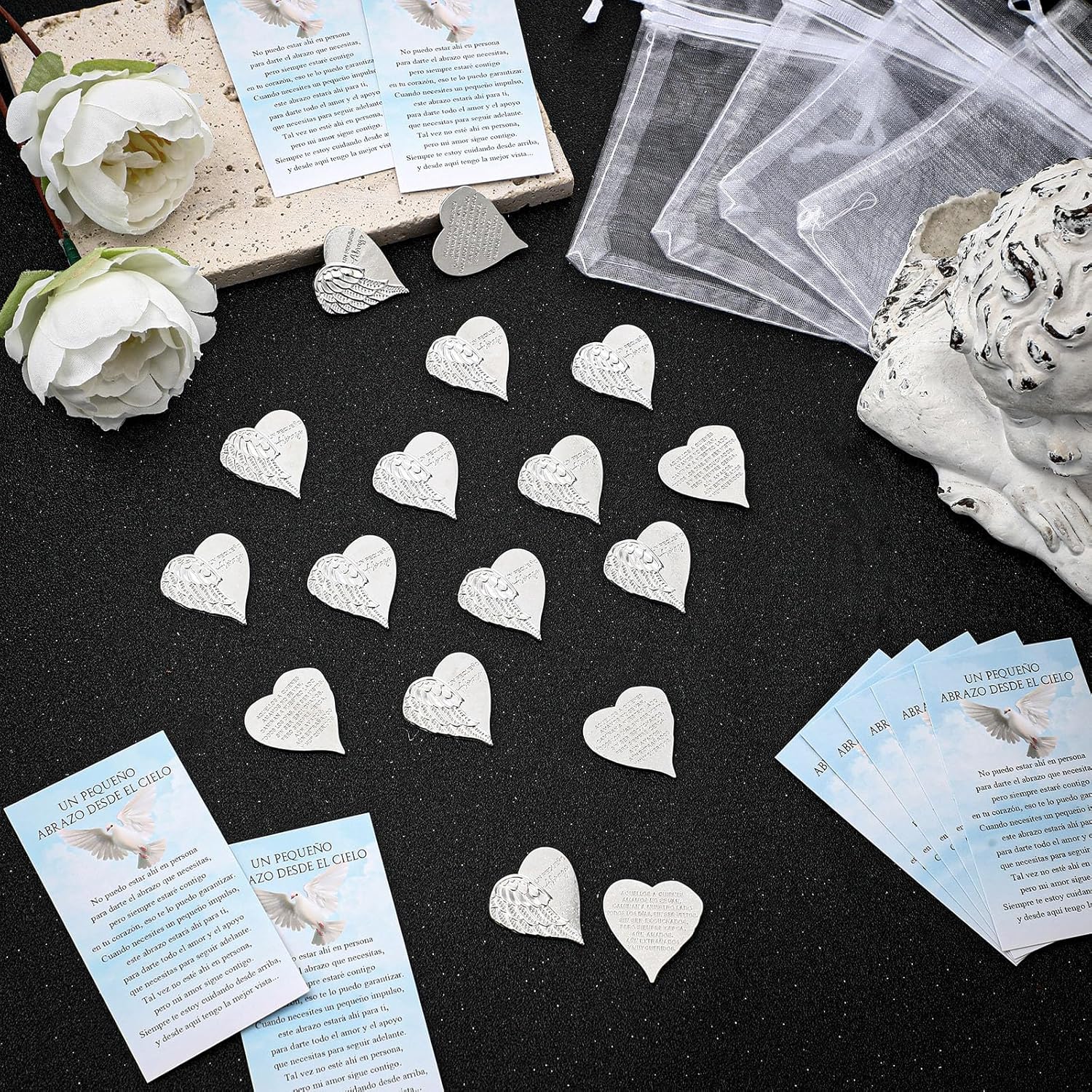 Fumete 60 Sets Funeral Favors for Guests Memorial Service Celebration of Life Decorations Heart Pocket Hug Token Coins and Angel Poem Pray Cards Memorial Gifts for Church Funeral Sympathy (Spanish)