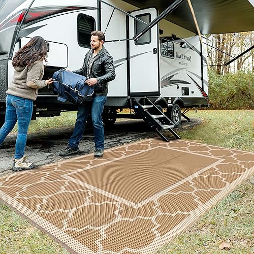 Miniatura 4 de GENIMO Alfombra de exterior impermeable de 6 x 9 pies para decoración de patio, plegable, reversible, de plástico, para cámper, caravana, terraza,