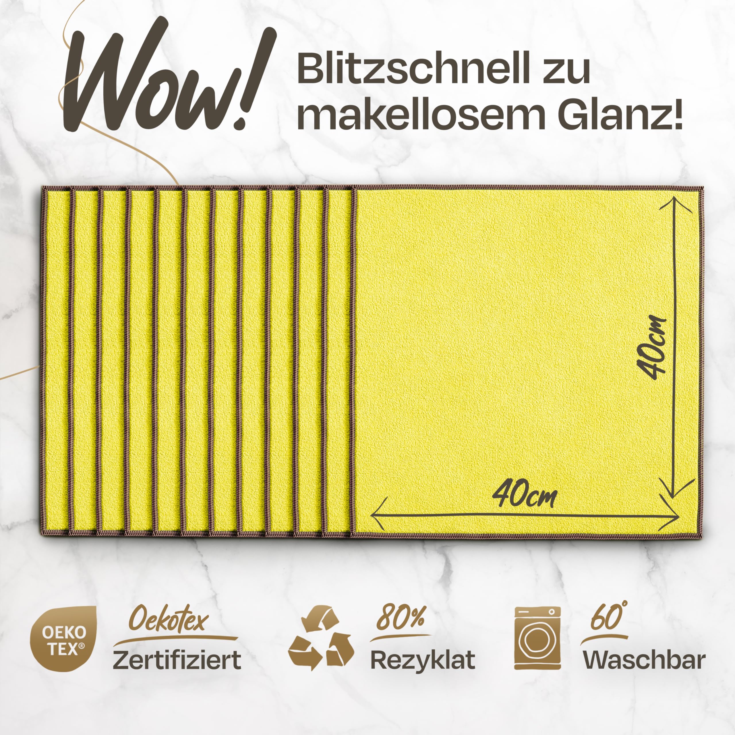 Mikrofasertücher für Küche, Bad, Haushalt und Auto - Reinigungstücher, Putzlappen, Wischtücher aus recyceltem Plastik 50er Set - 40x40cm - Gelb/Grau