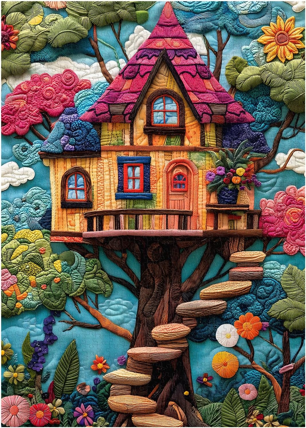 Treehouse Patchwork Puzzles for Adults 1000 Pieces, PICKFORU Embroidery Quilting Art Flowers Tree Puzzle, Fabric House Theme Jigsaw Puzzles