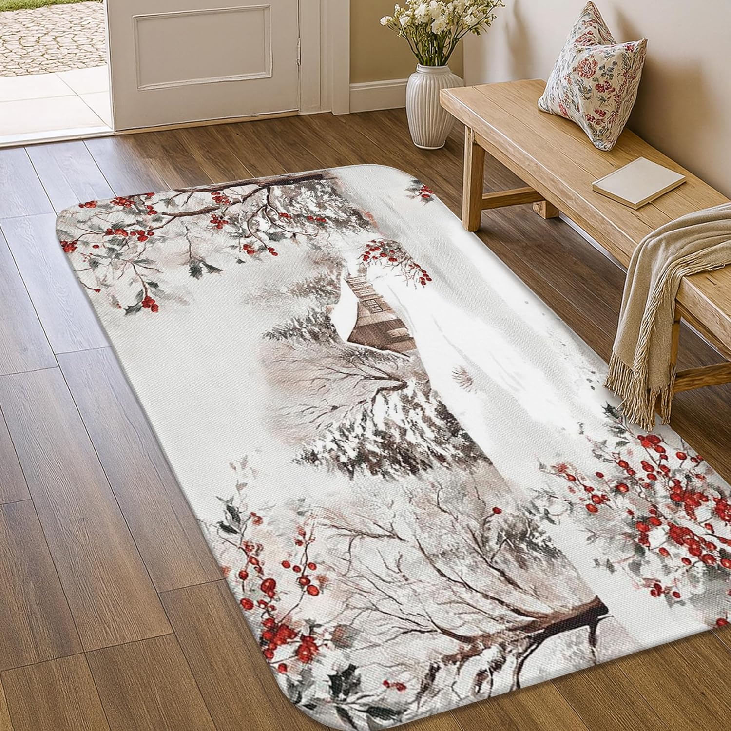 House Area Rug, Winter Cozy Snow Trees Winter White Non-Slip Aesthetic Doormat Rectangle Accents Rug Bathroom Laundry Room Kitchen Entryway Decor 3' X 5'