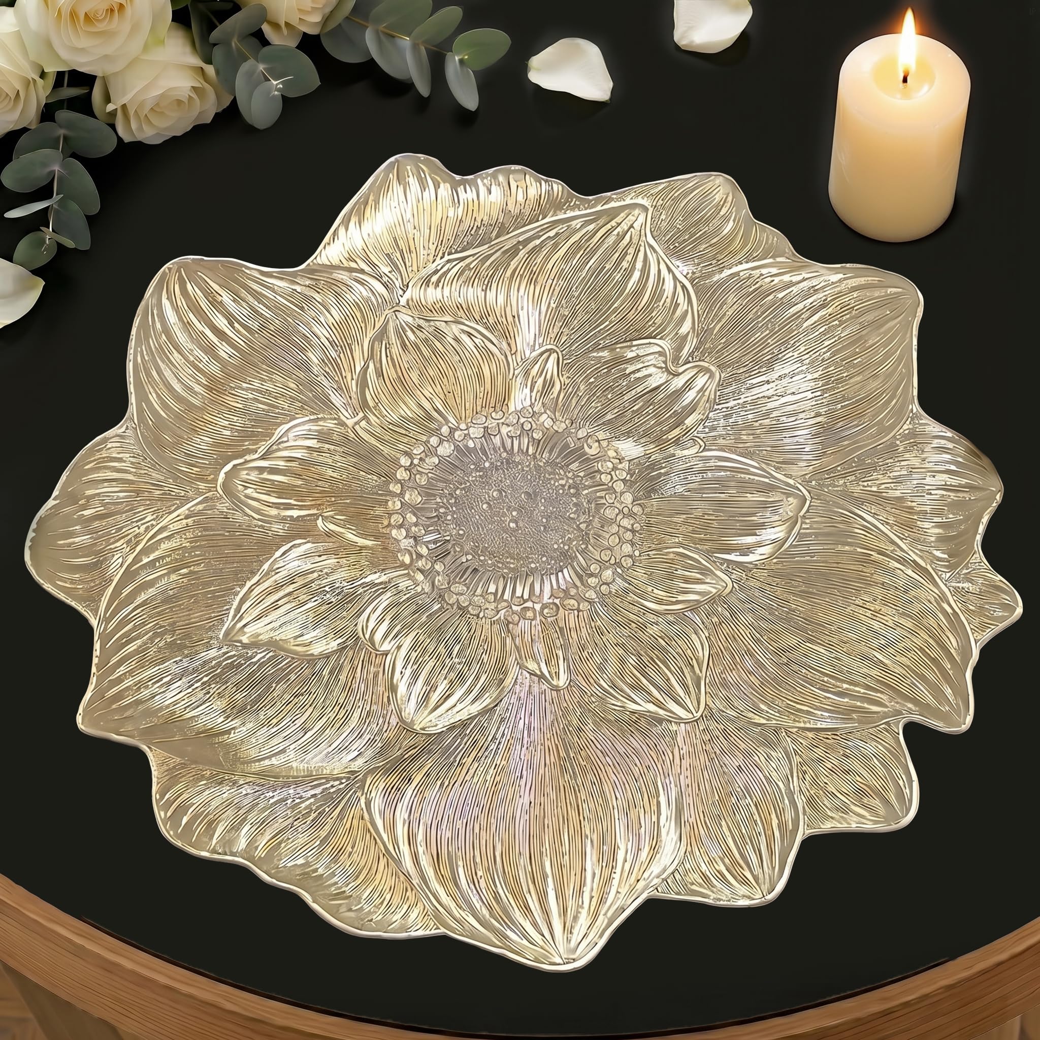 FAVE Set of 6 Gold Vinyl Round Placemats, Washable Pressed Flower Table Mats for Dining, Events, Home Decor & Daily Use(15inch,6PCS)