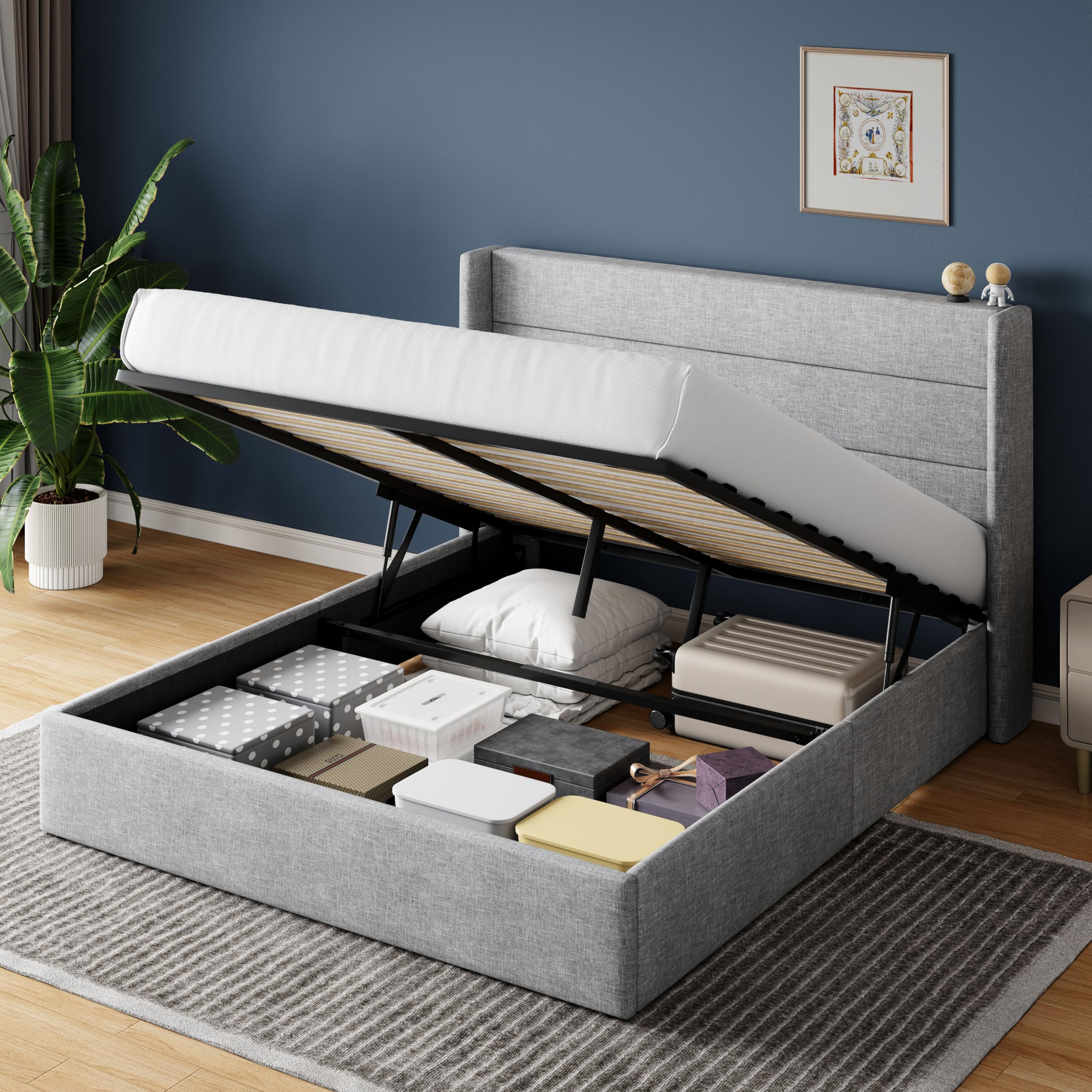 HOOMIC Queen Size Lift Up Storage Platform Bed Frame in Light Grey