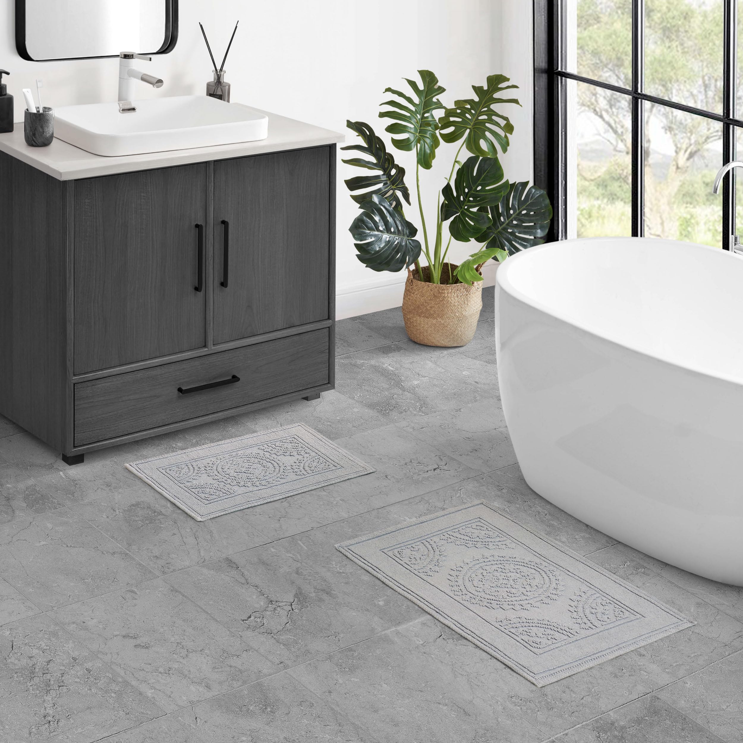 Jean Pierre Alfombra de baño algodón de Nueva York Stonewash medallón, Gris, 17x24/20x32 in. Set