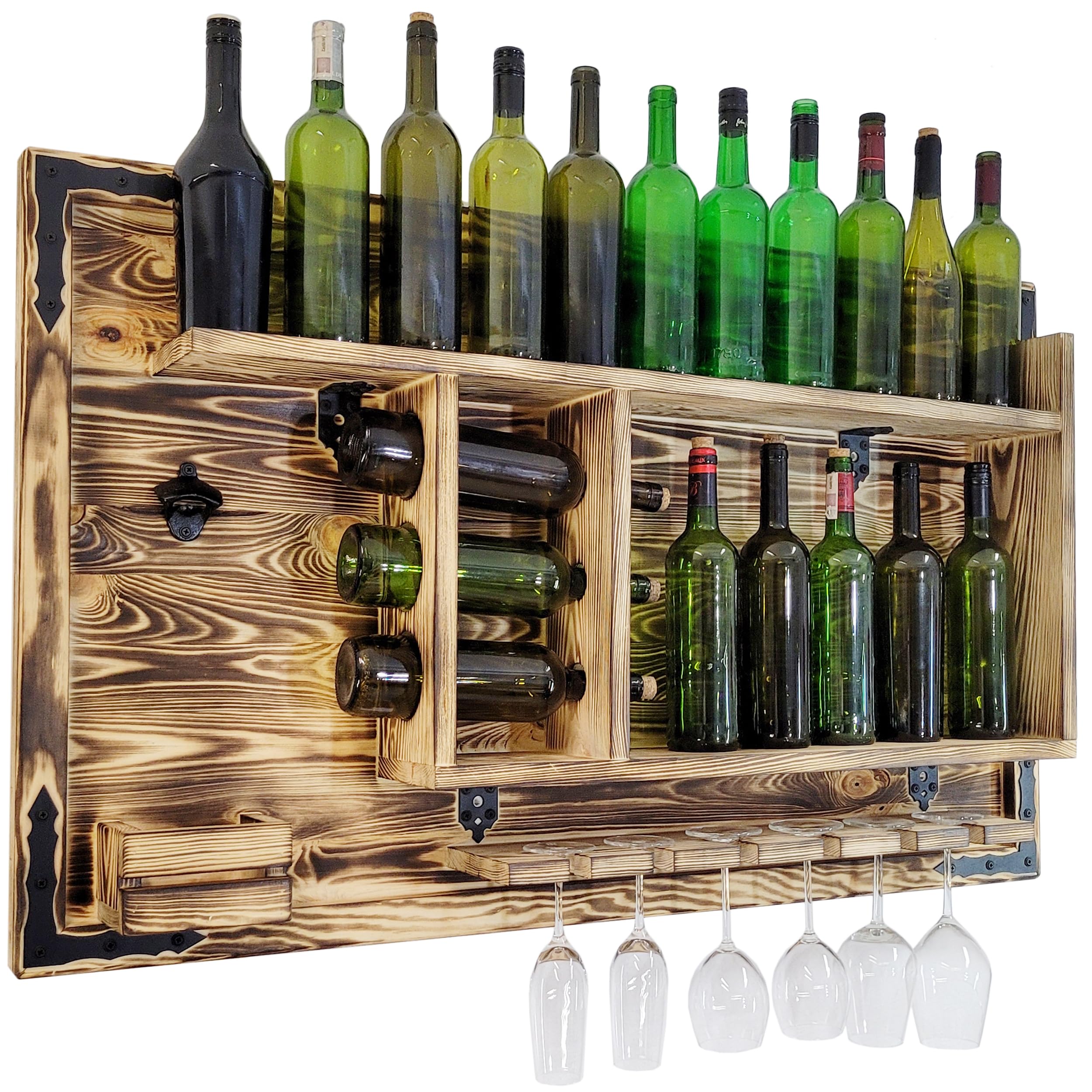 weeco Étagère en bois pour bar à la maison à suspendre - Fabriquée à la main - Style rustique - Étagère murale en bois - Pour bar à vin - Cadeau pour homme - Image 3D en bois
