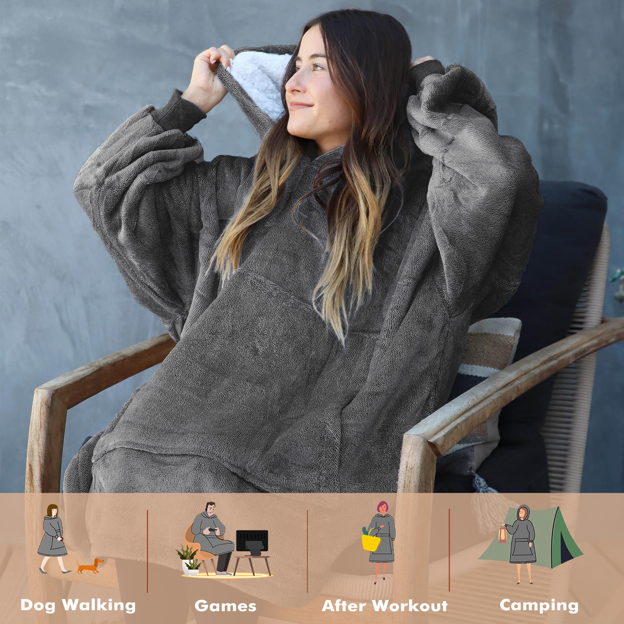 Catalonia oversized sherpa hoodie-deken, zachte warme reuzenhoodie, voorvak, enorme pluche deken met capuchon, voor volwassenen, mannen, vrouwen, tienerstudenten, beer