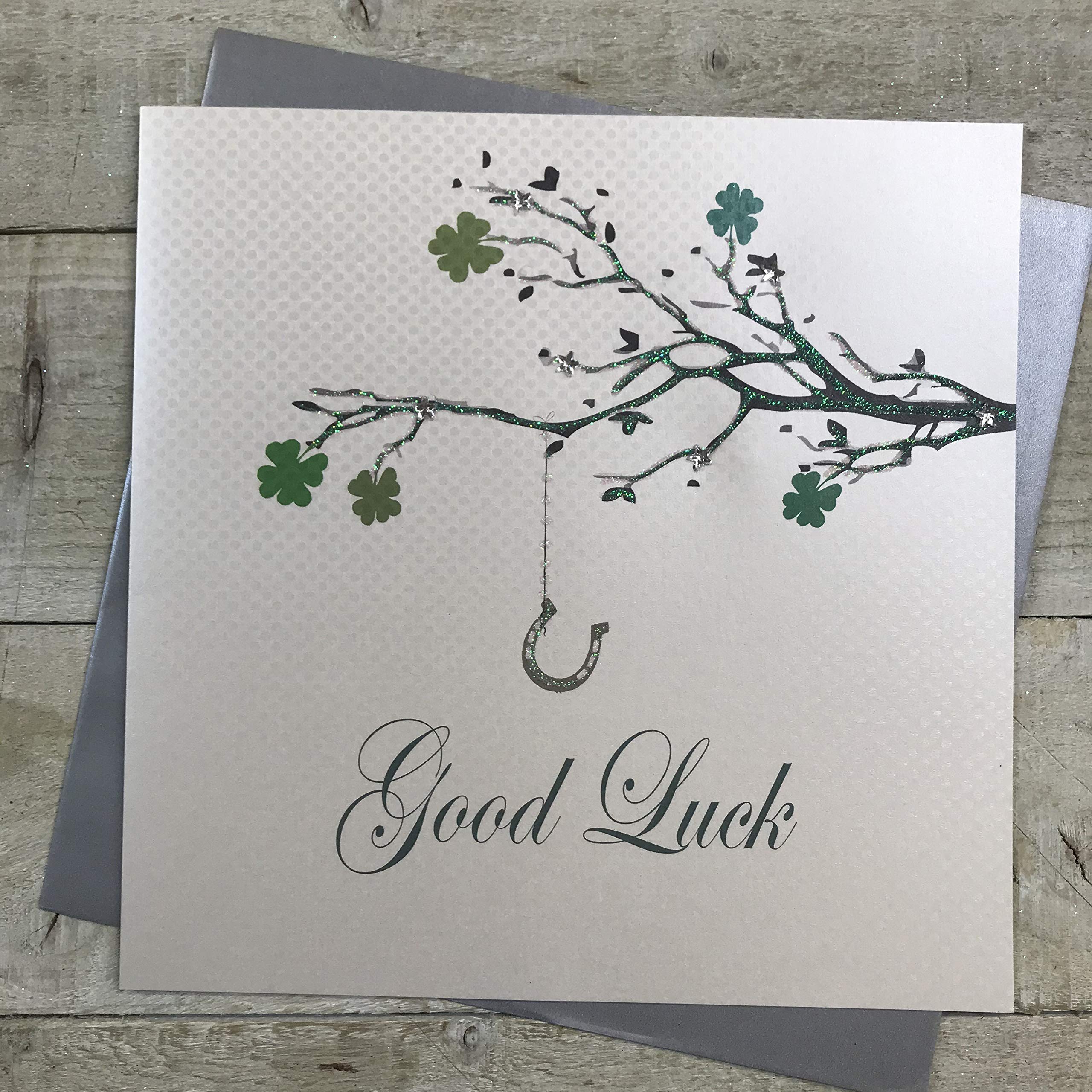 White Cotton Cards "Green Lucky Horse Shoe, Good Luck Handmade Large Good Luck Card, XPD84