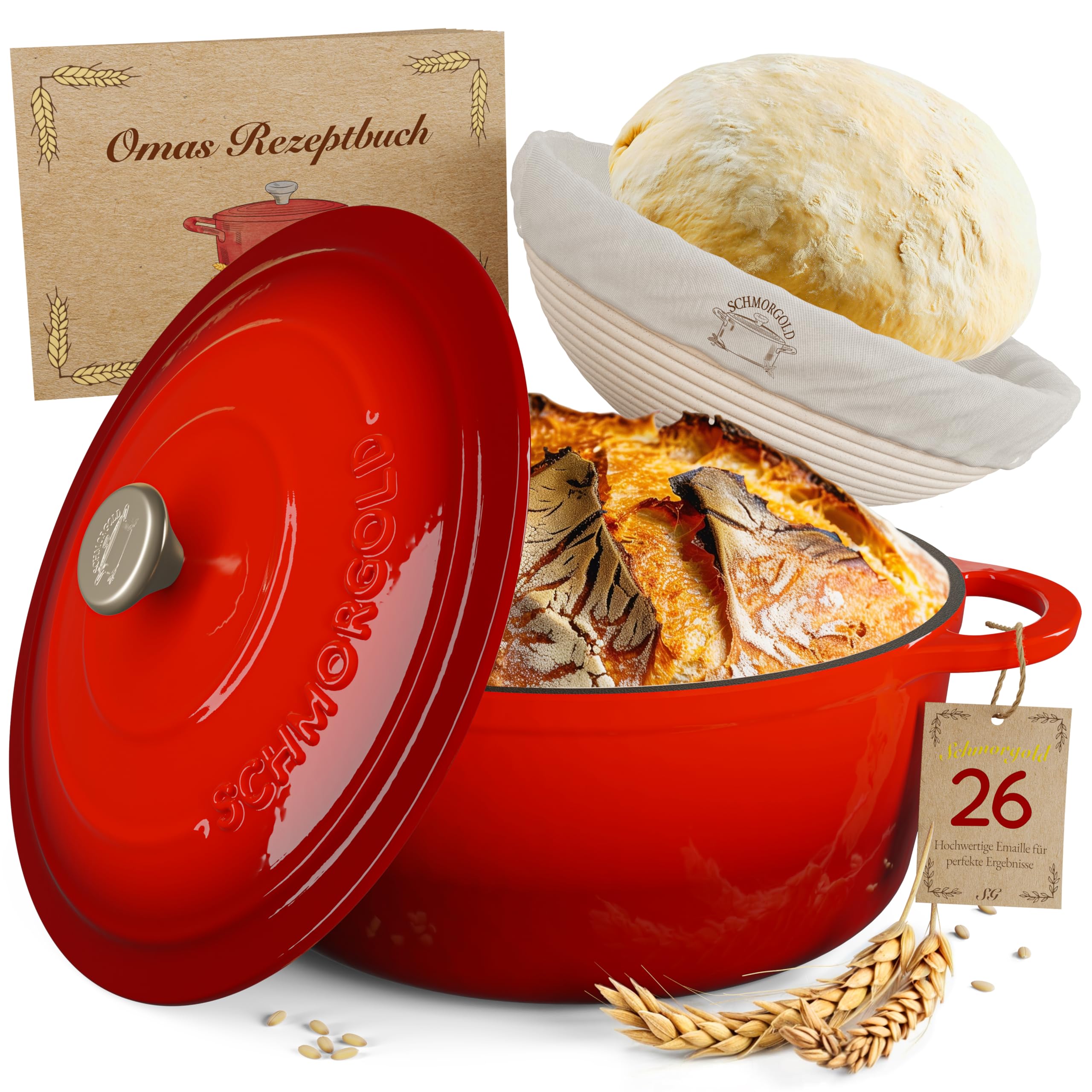 Gietijzeren pan, brood, emaille stoofpan met deksel en handgrepen, broodbakpan met fermentatiemand, stoofpan, gietijzeren pan voor keuken, bakken, smoren