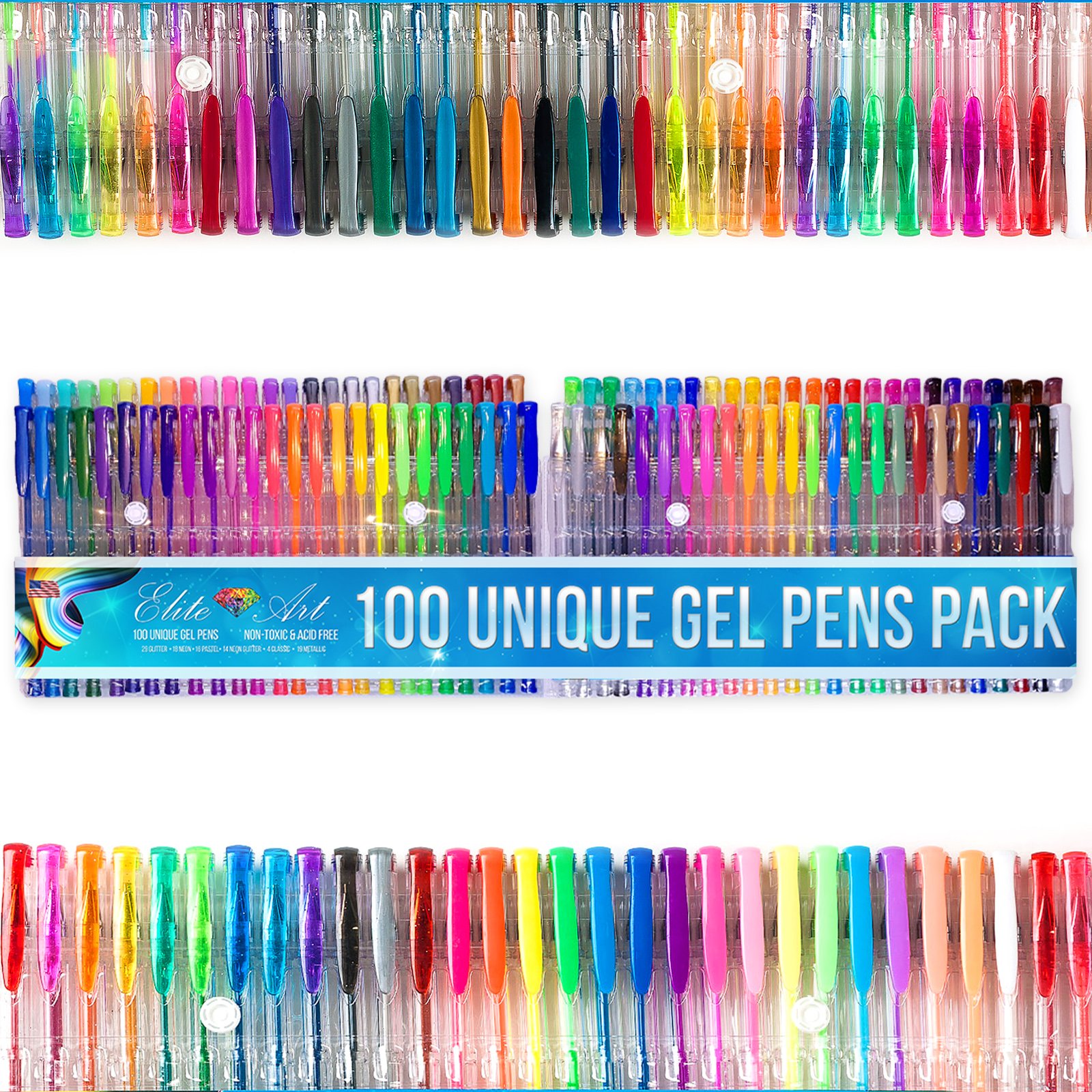 100 Unique no Duplicates Gel Pens Multipack of Standard Glitter Metallic Neon Pastel Swirl Art Set for Adult Colouring Ink Pens Sketching Drawing Doodling Great Gift Non-toxic Acid Free