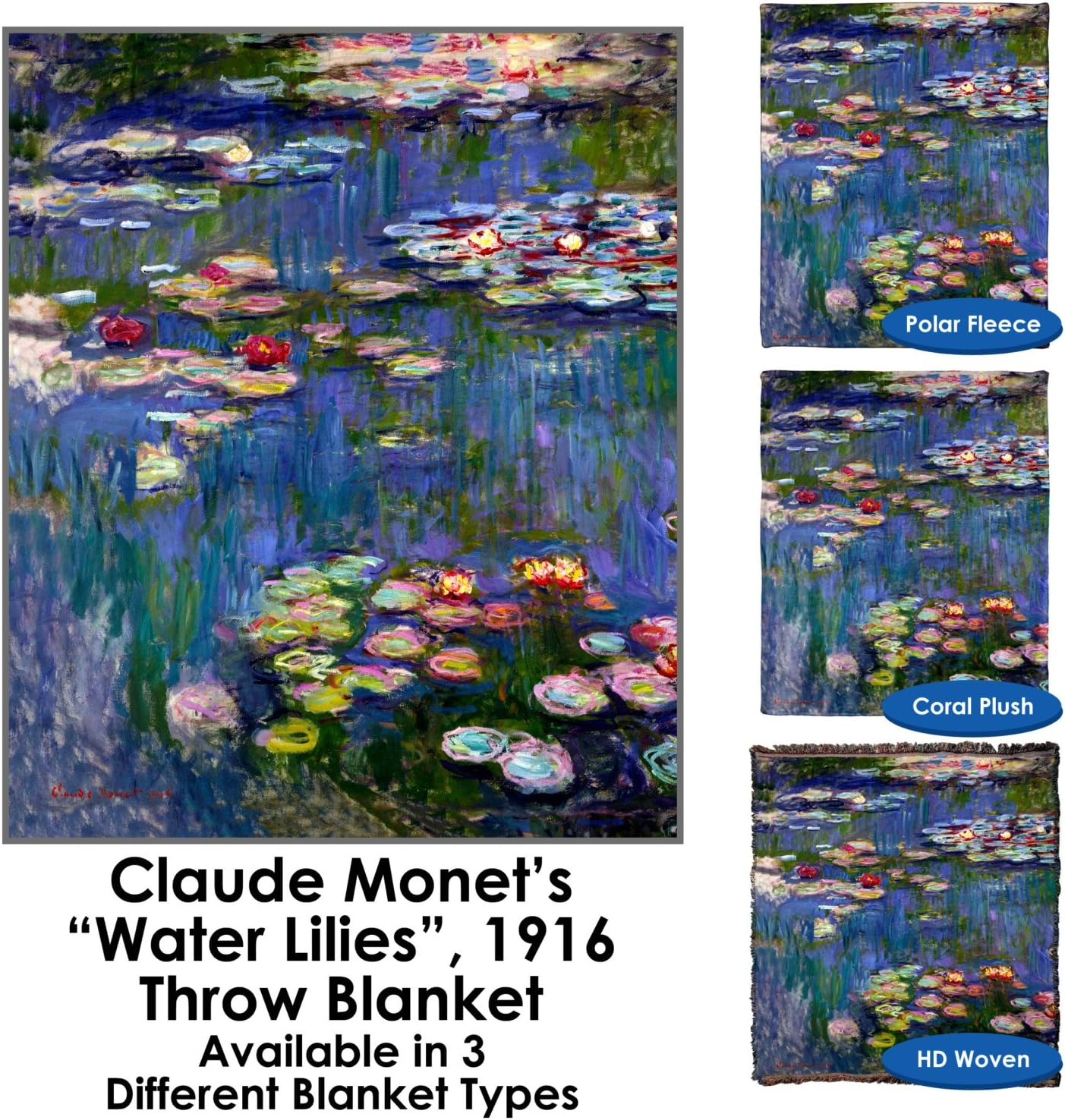 Water Lilies 1916 by Claude Monet Throw Blanket/Tapestry Wall Hanging - Standard Multi-Color (HD Woven, 54"x70")
