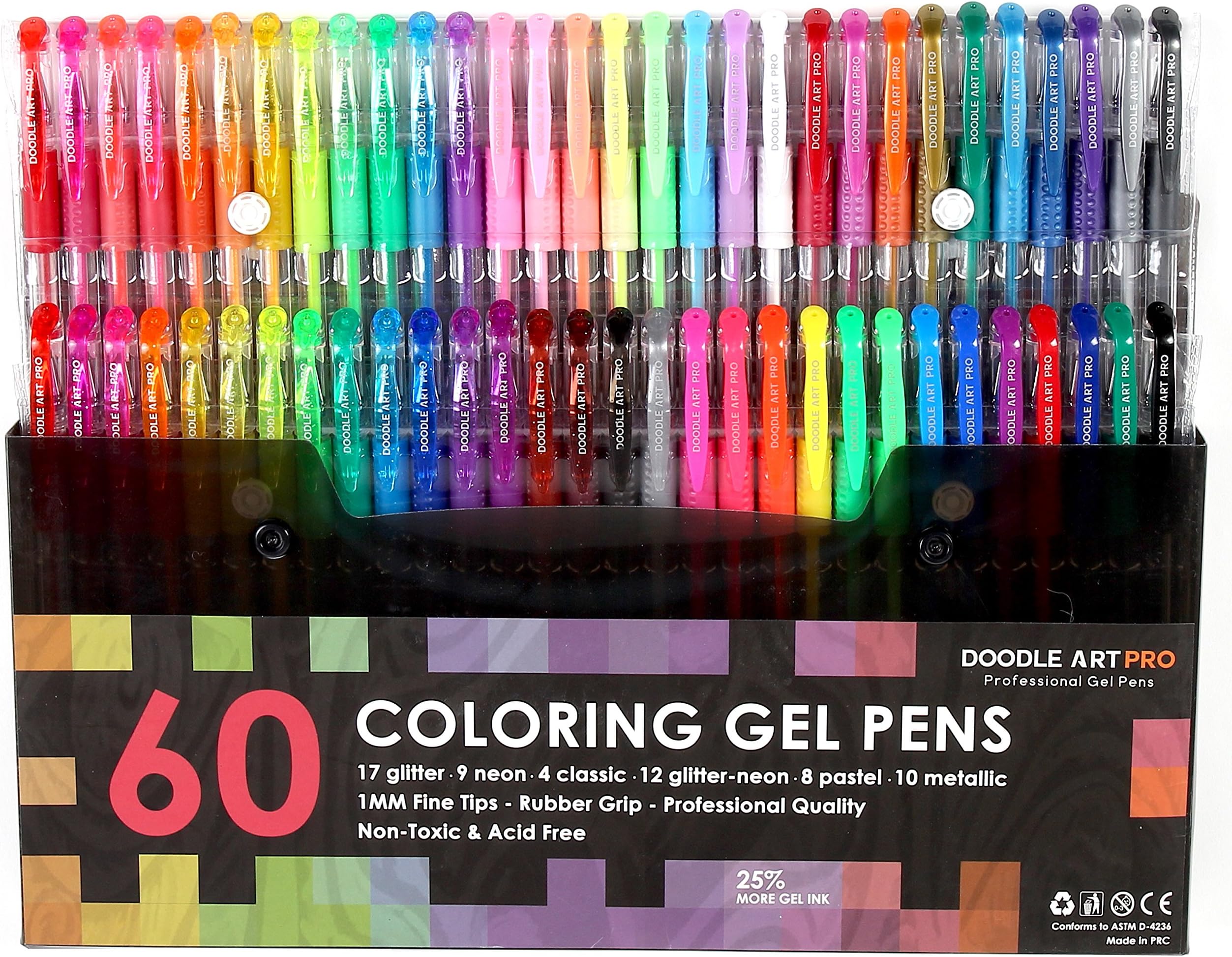 Gel Pens by Doodle Art Pro - 60 Professional Coloring Pens Set-25% More Ink - Unique Gel Pen Set Markers for Adult Coloring Books