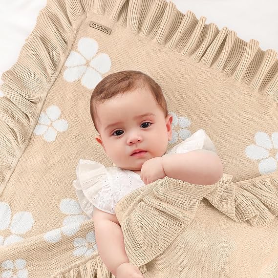 Cotton Baby Blanket | 30x40 Inches Knitted Receiving Blanket with Ruffled Edges & Floral Design for Newborns, Crib & Stroller Use, Premium Gift Choice (Beige)