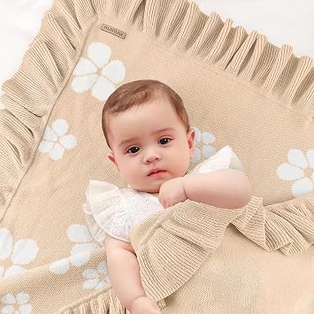 Cotton Baby Blanket | 30x40 Inches Knitted Receiving Blanket with Ruffled Edges & Floral Design for Newborns, Crib & Stroller Use, Premium Gift Choice (Beige)