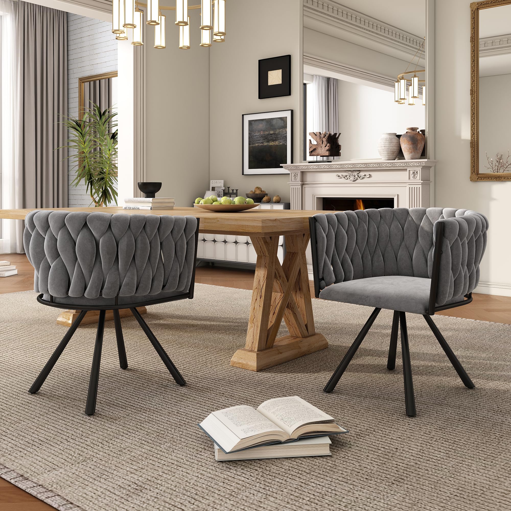 ModernLuxe 360° Swivel Dining Chairs Set of 2, Light Luxury Kitchen Chairs with Curved Backrest and Metal Support Legs, Suitable for Living Room Dining Room Vanity, Velvet, Grey
