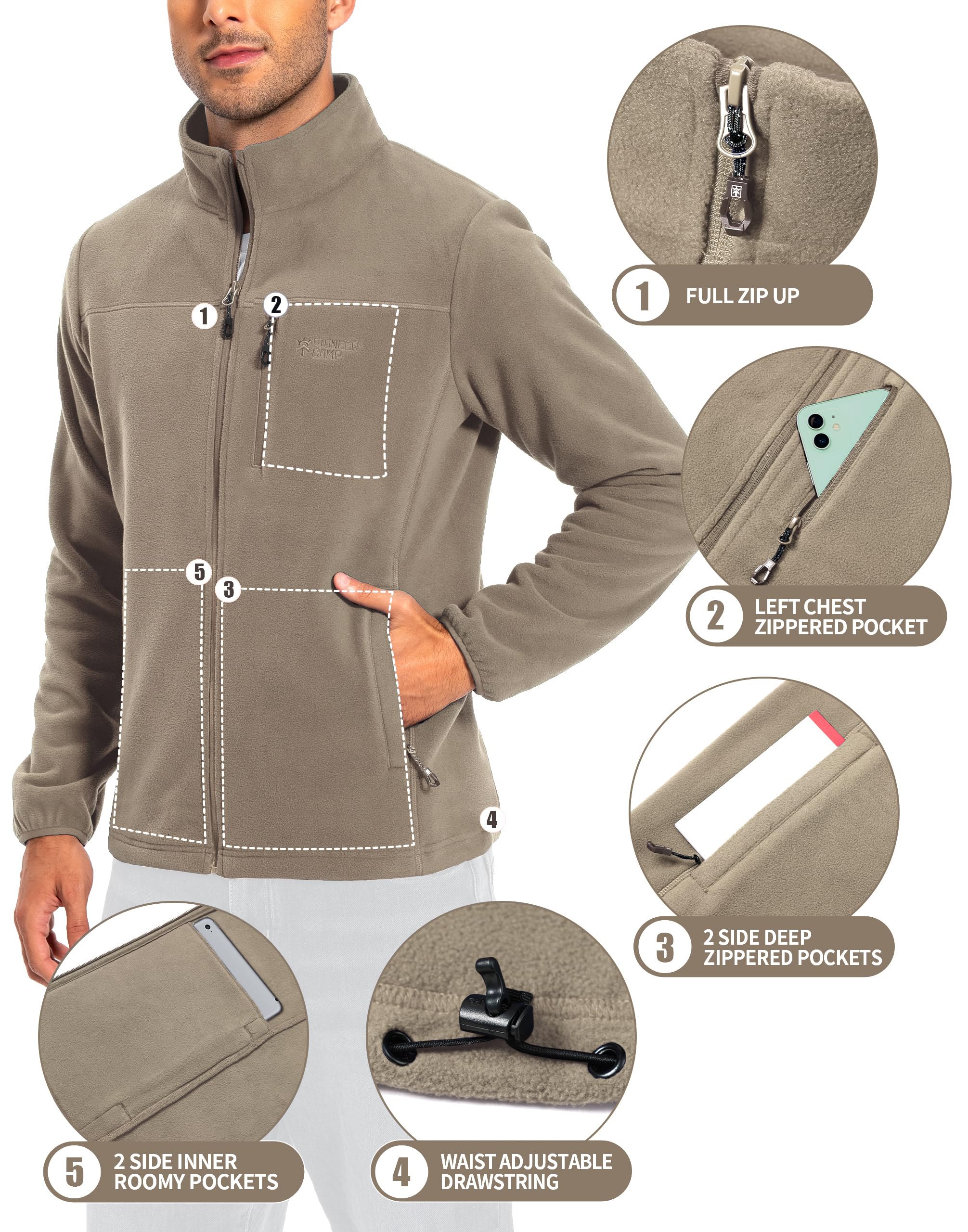Pioneer Camp Giacca in pile da uomo Full Zip Outdoor Polar, leggera, antivento, con chiusura lampo