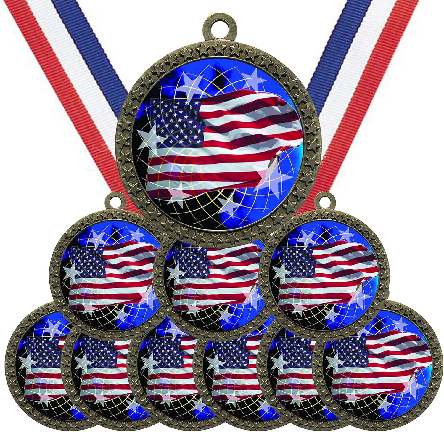 Express Medals Various 10 Pack Styles of American Flag Award Medals with Neck Ribbons Trophy Award Prize Gift