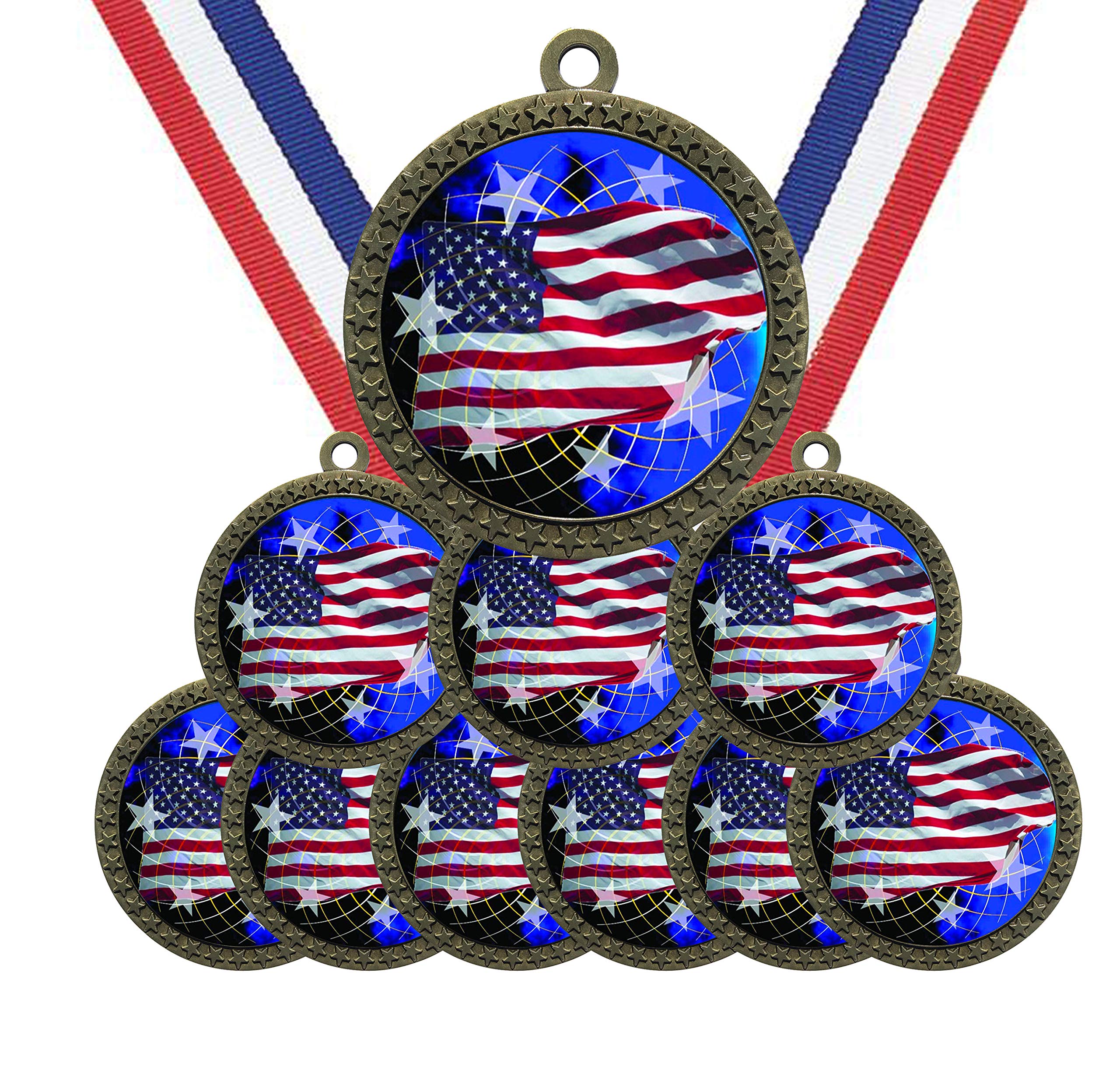 Large 2-1/2 inch Diameter Metal Antique Gold USA American Flag Medals Star Award Trophy Champion Winner with Red White and Blue Neck Ribbons (Pack of 10)