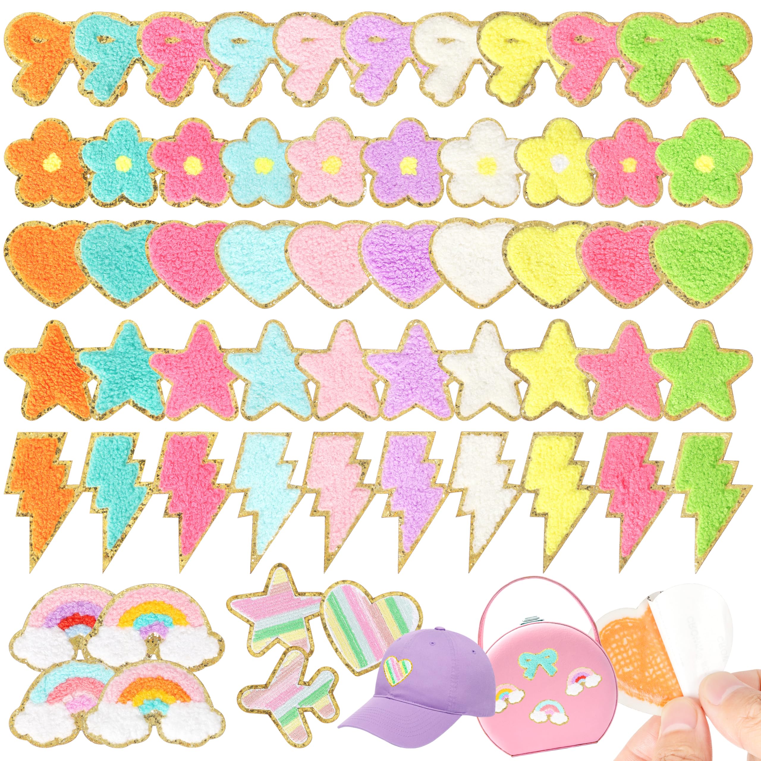 Self-Adhesive Chenille Patches for Girly Bags: NICEVINYL 57PCS Multicolor Flower Star Heart Cute Patch Embroidered Stick on - Lightning Rainbow Sticker Applique for Clothing Fabric Backpack Decor