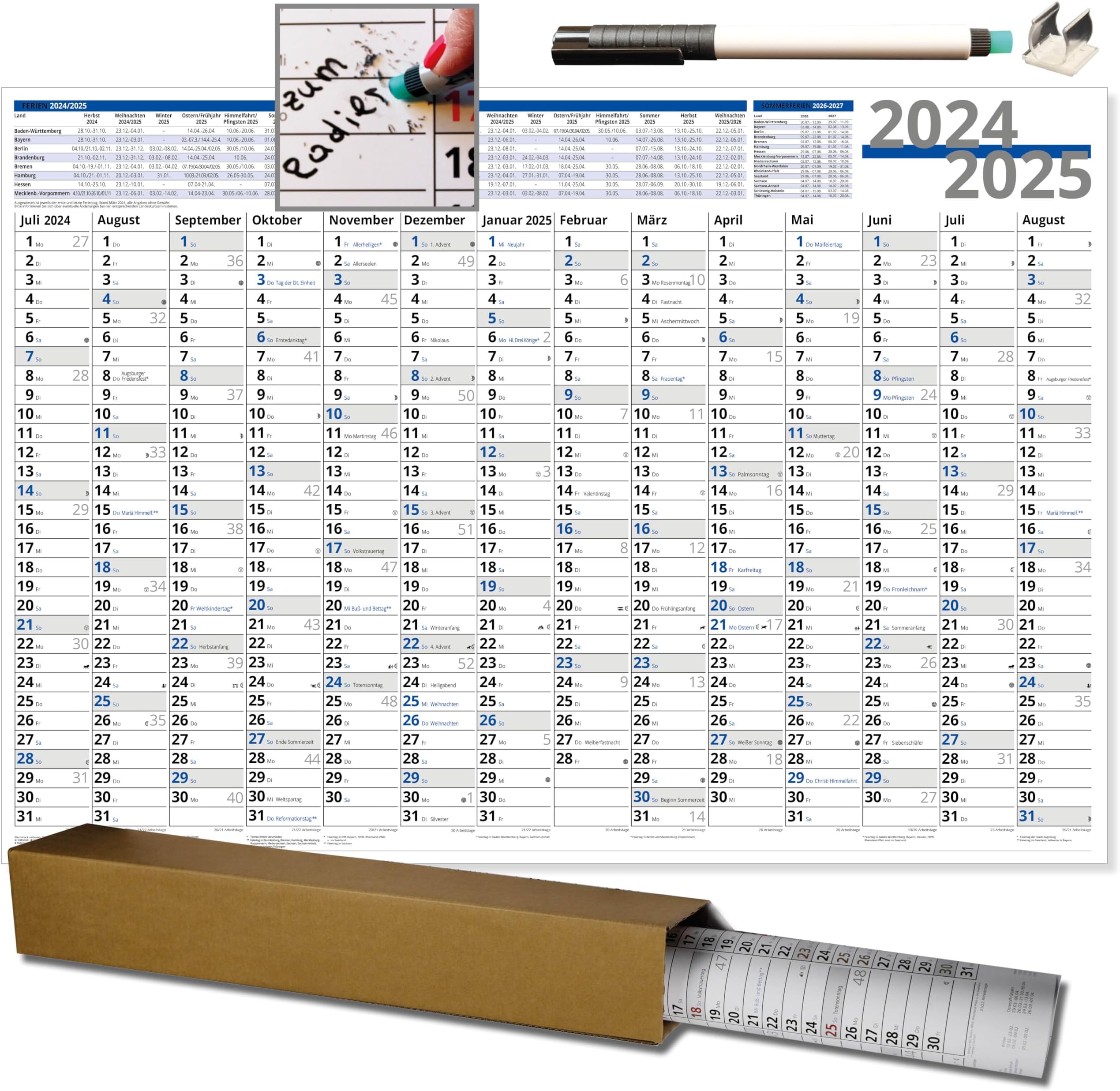 XXL Schuljahresplaner 2024/2025 SchuljahresWandkalender abwischbar mit Stift und Halter für
