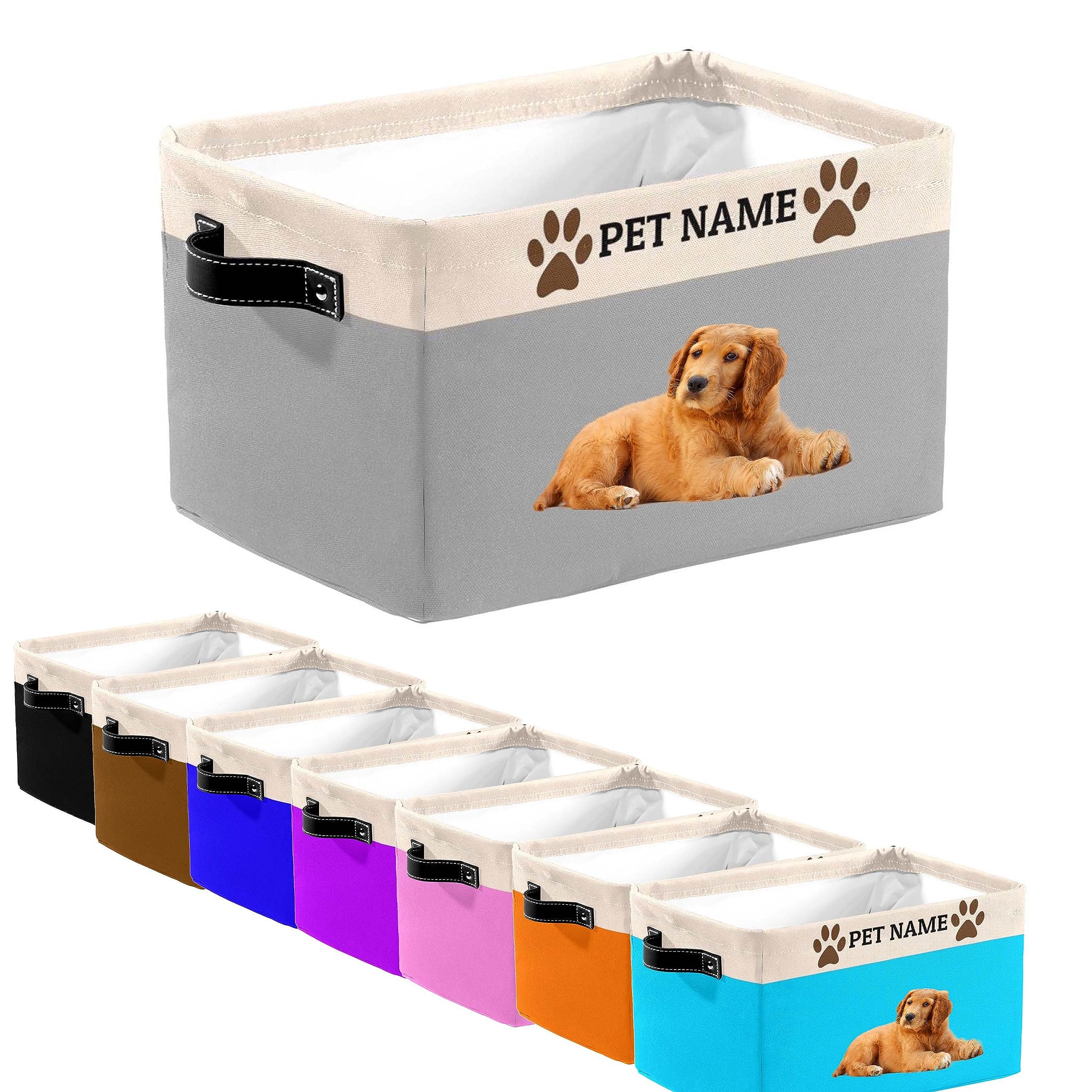 MuMiY Personalized Pet Toy Storage Basket with Handles, Customized Pet's Name and Photo - Collapsible Storage Boxes Organizer Bag for Dog/Cat Toys,