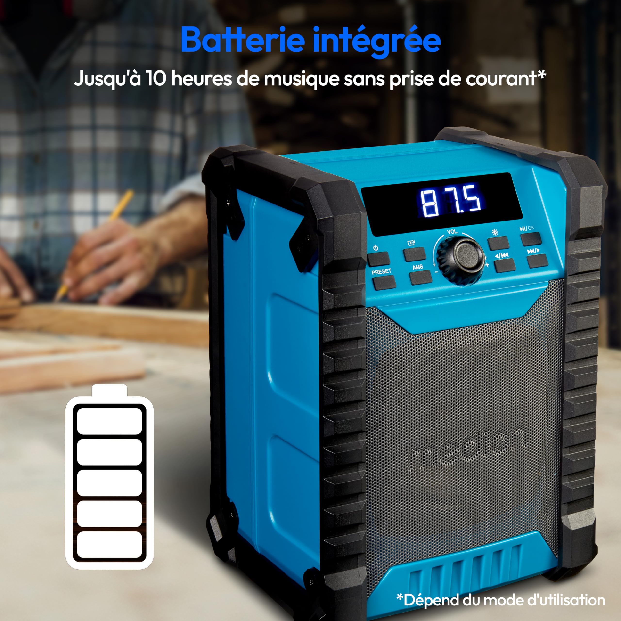 MEDION E65895 Radio de Chantier avec Batterie (boîtier Robuste, poignée de Transport, Bluetooth, Protection Contre Les éclaboussures (IP54), Radio FM, AUX) Vert
